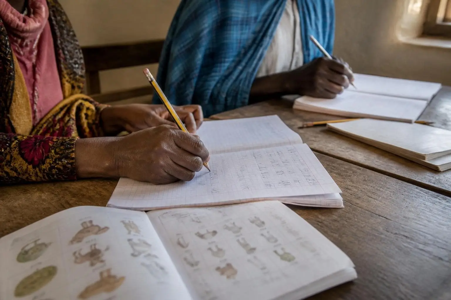 Adult hands holding a pencil over open exercise books with handwriting practice and a reading primer on a worn wooden desk in daylight