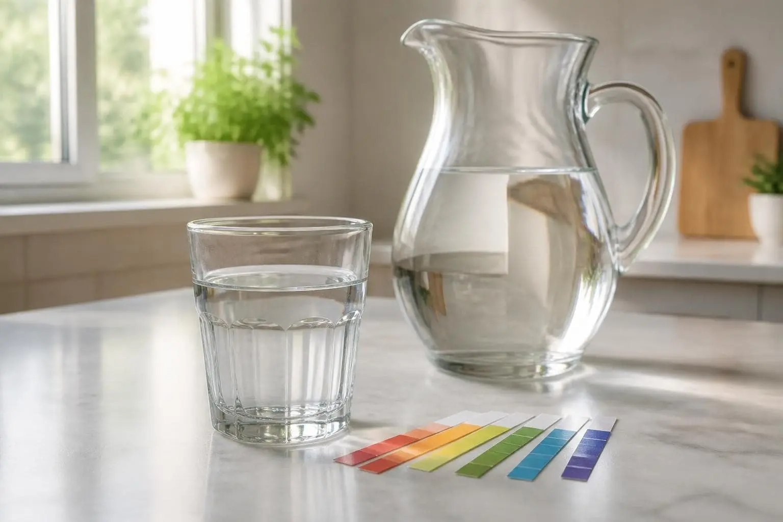 A glass of water and a glass jug on a light kitchen counter beside six coloured pH test strips