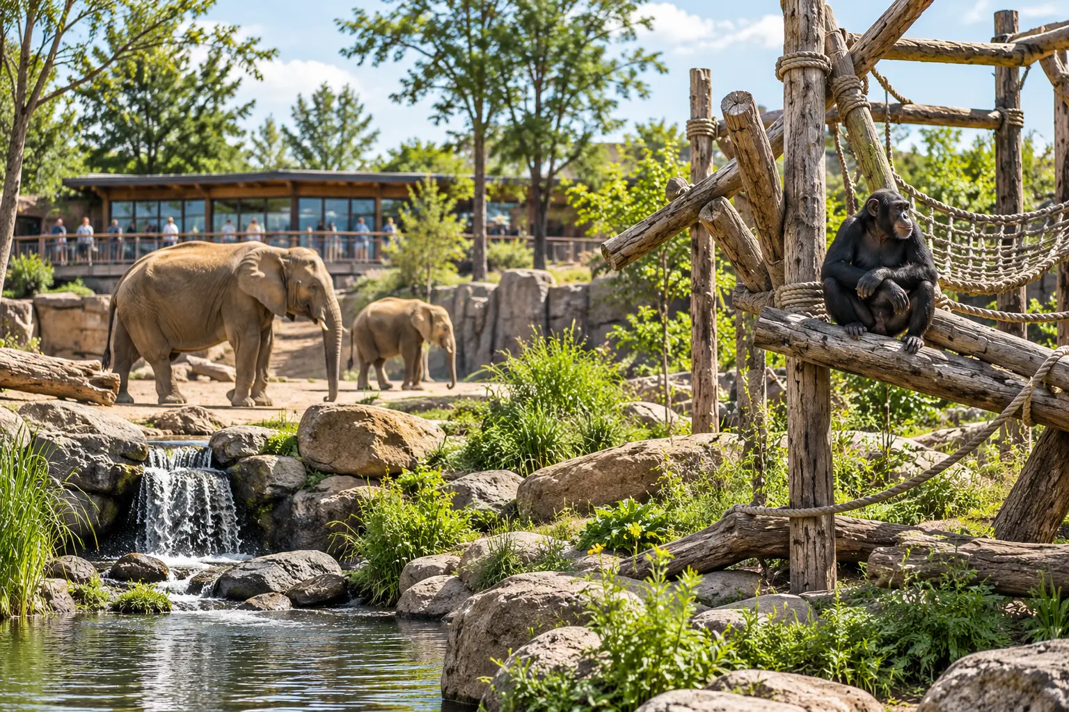 Editorial illustration comparing a barred zoo enclosure with a landscaped habitat exhibit.