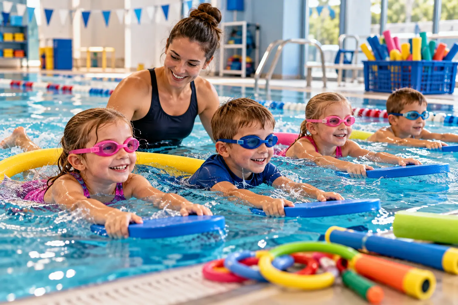 Children learning to swim in a pool with an instructor, kickboards, floating noodles and dive toys used as didactic aids.