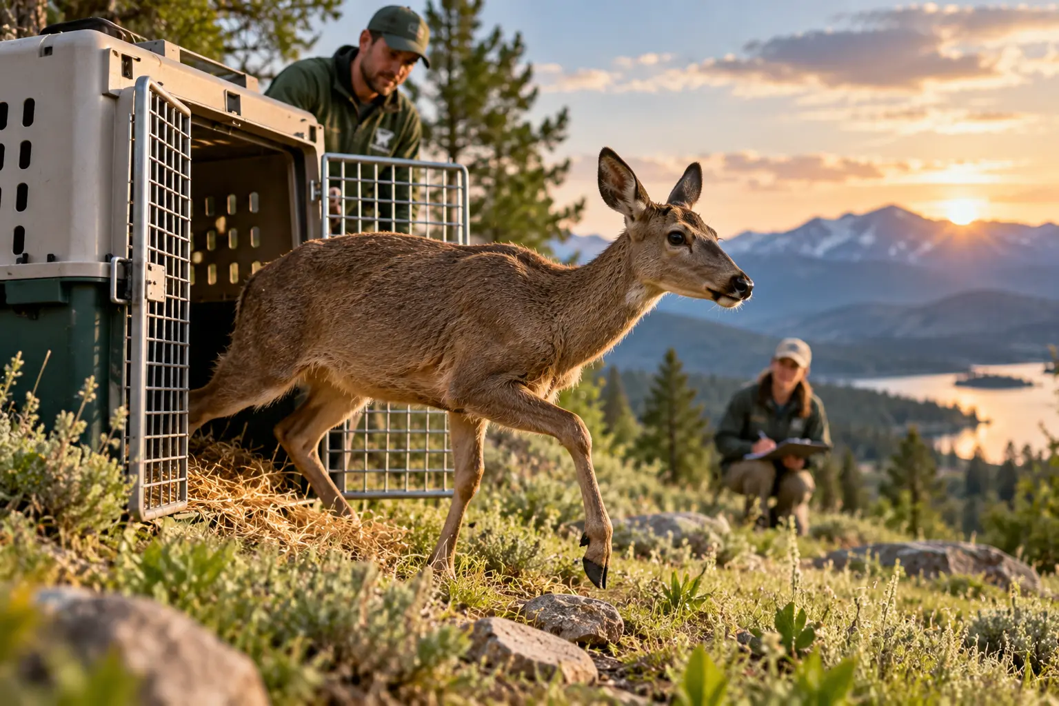 Illustration of an animal leaving a transport crate during a monitored conservation release.