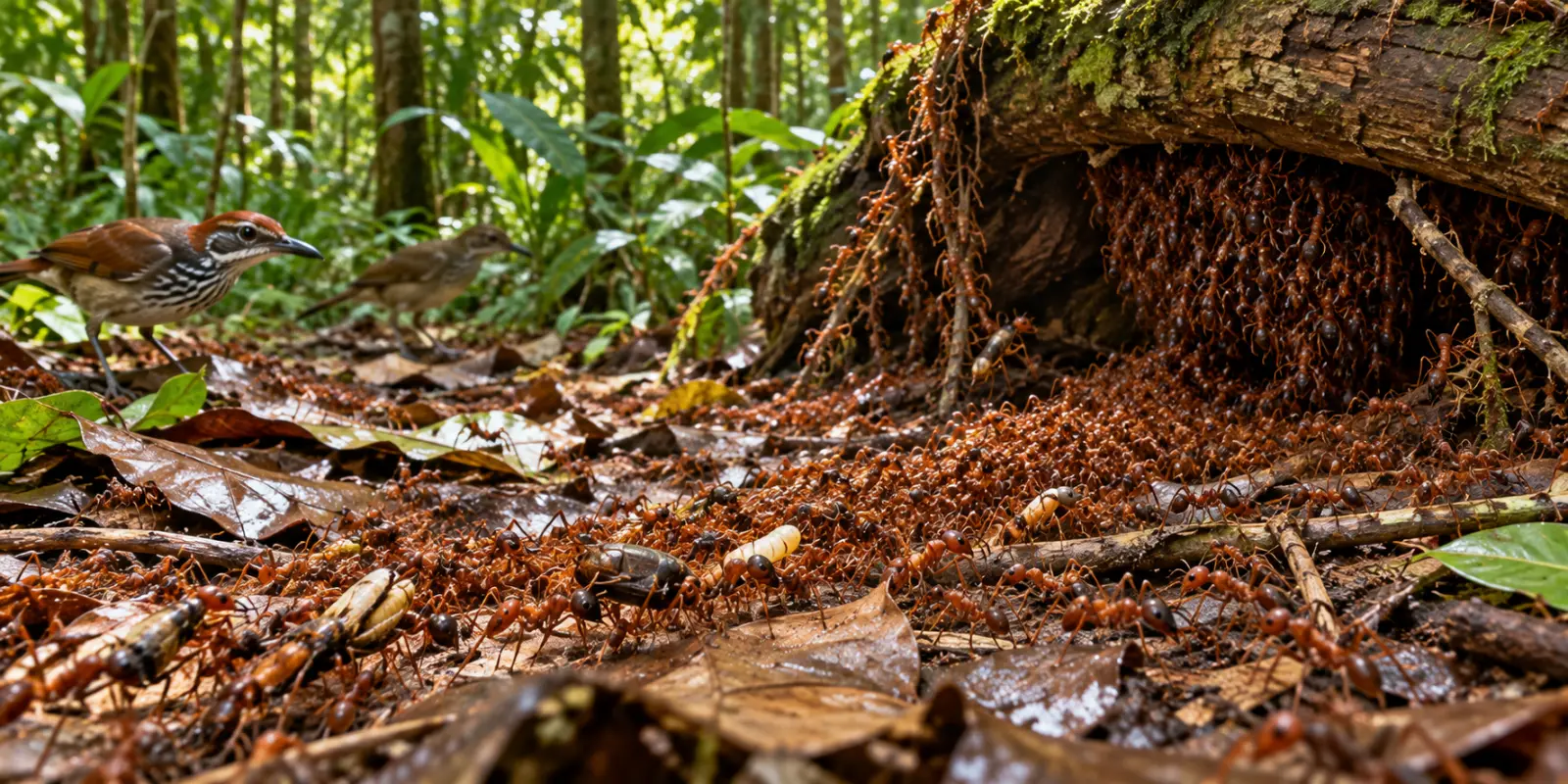 Army ant raid on rainforest litter beside a bivouac and ant-following birds