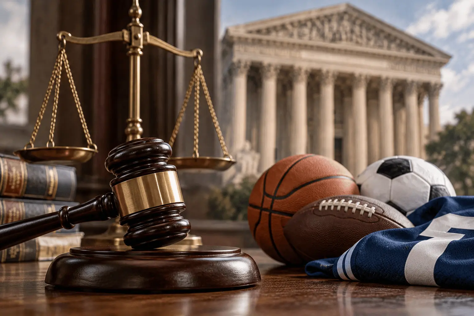 Realistic editorial illustration of a wooden judge’s gavel, brass scales of justice, law books, basketball, football, soccer ball and blue sports jersey, with a courthouse in the background.