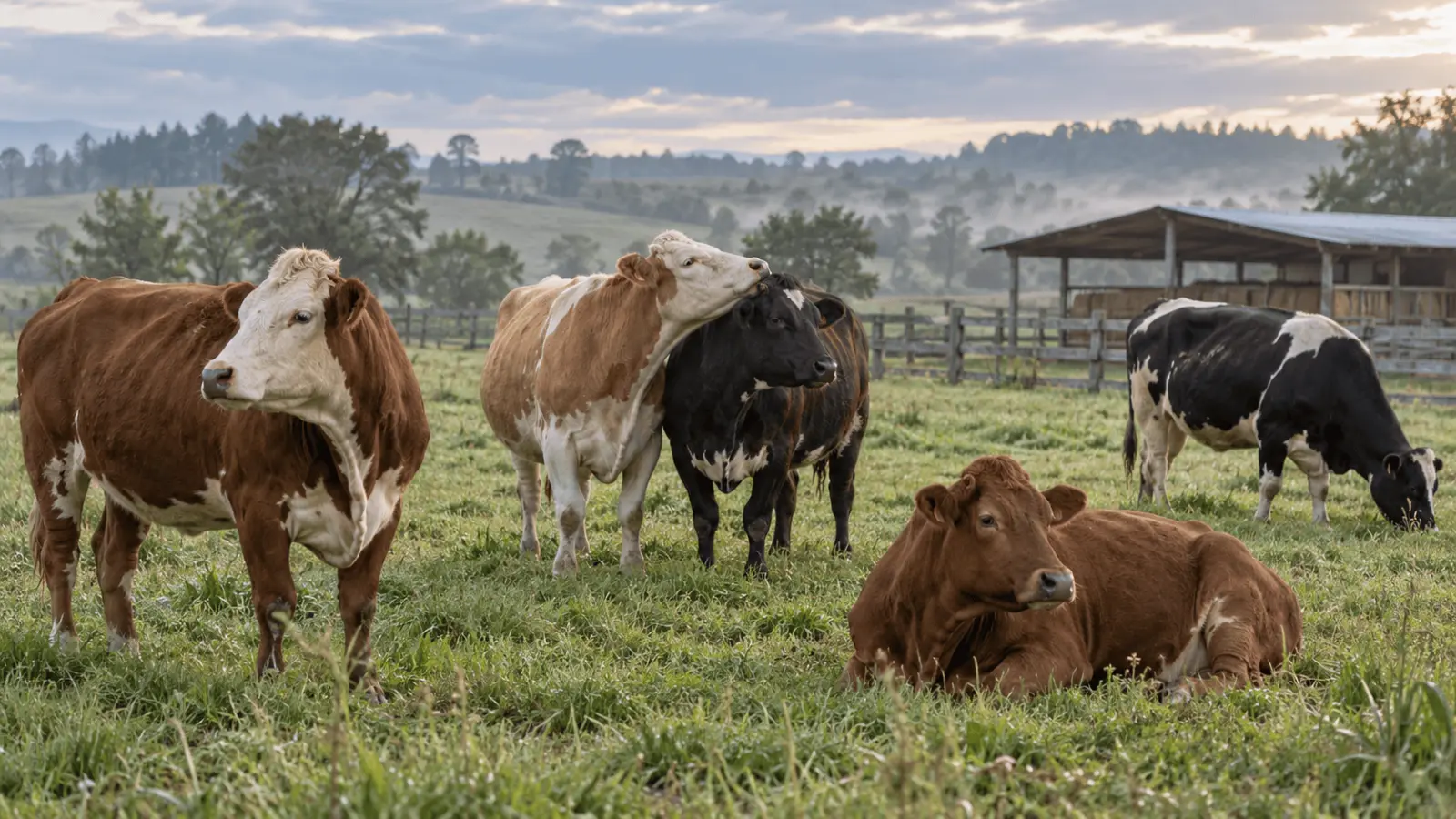Editorial illustration of cattle together on pasture in a farm environment.