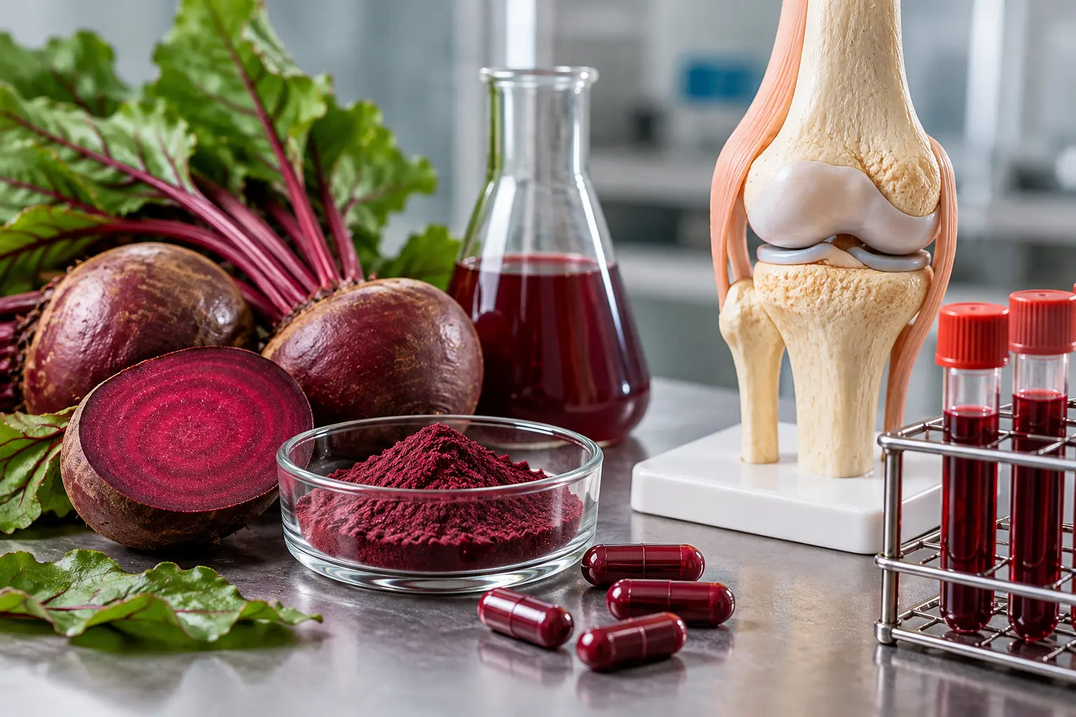 Red beet extract beside a joint model and blood samples in osteoarthritis research.
