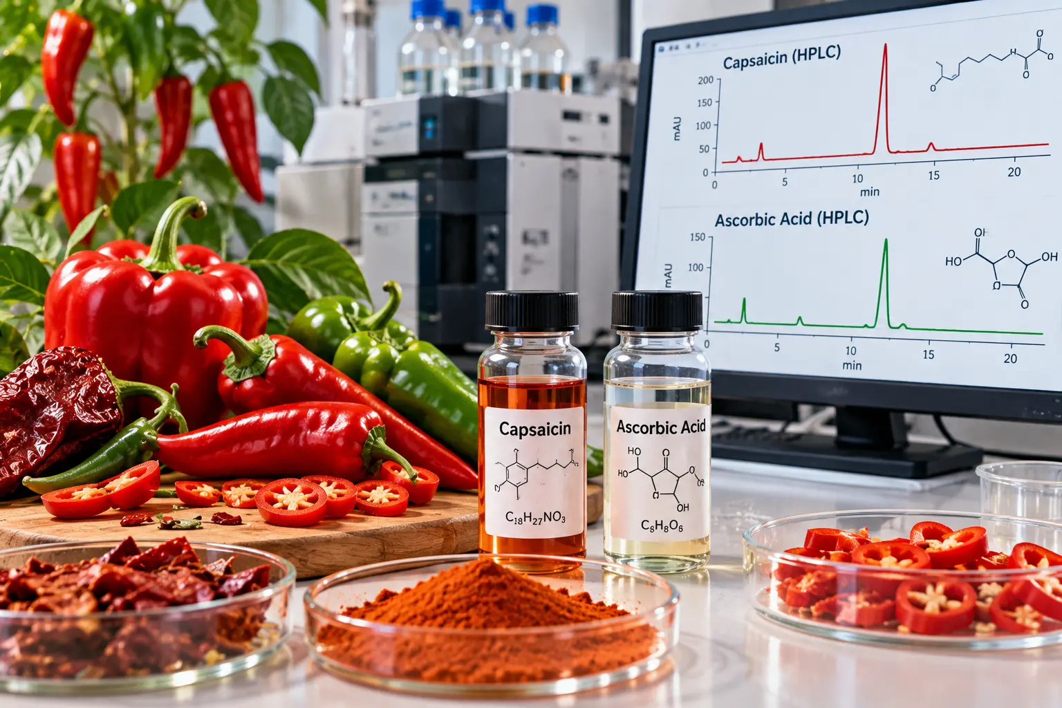 Red and green Capsicum fruits beside laboratory vials and an HPLC chromatogram used to compare capsaicin and vitamin C levels.