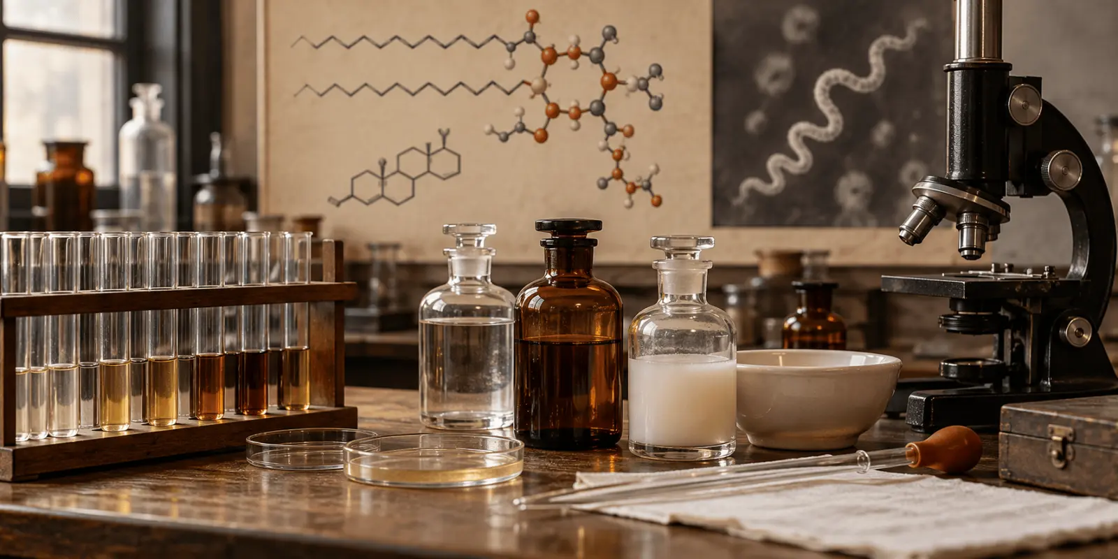 Vintage laboratory bench with test tubes, reagent bottles and microscope used to evoke serology.