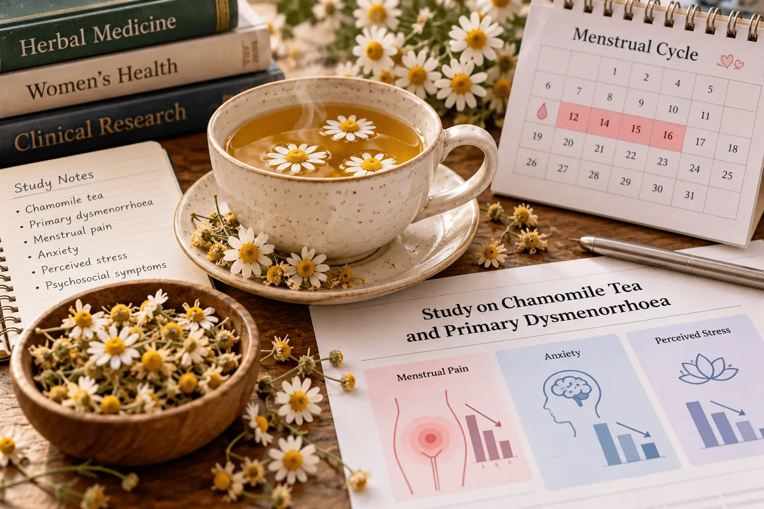 Chamomile tea prepared for a study examining relief of primary dysmenorrhea.