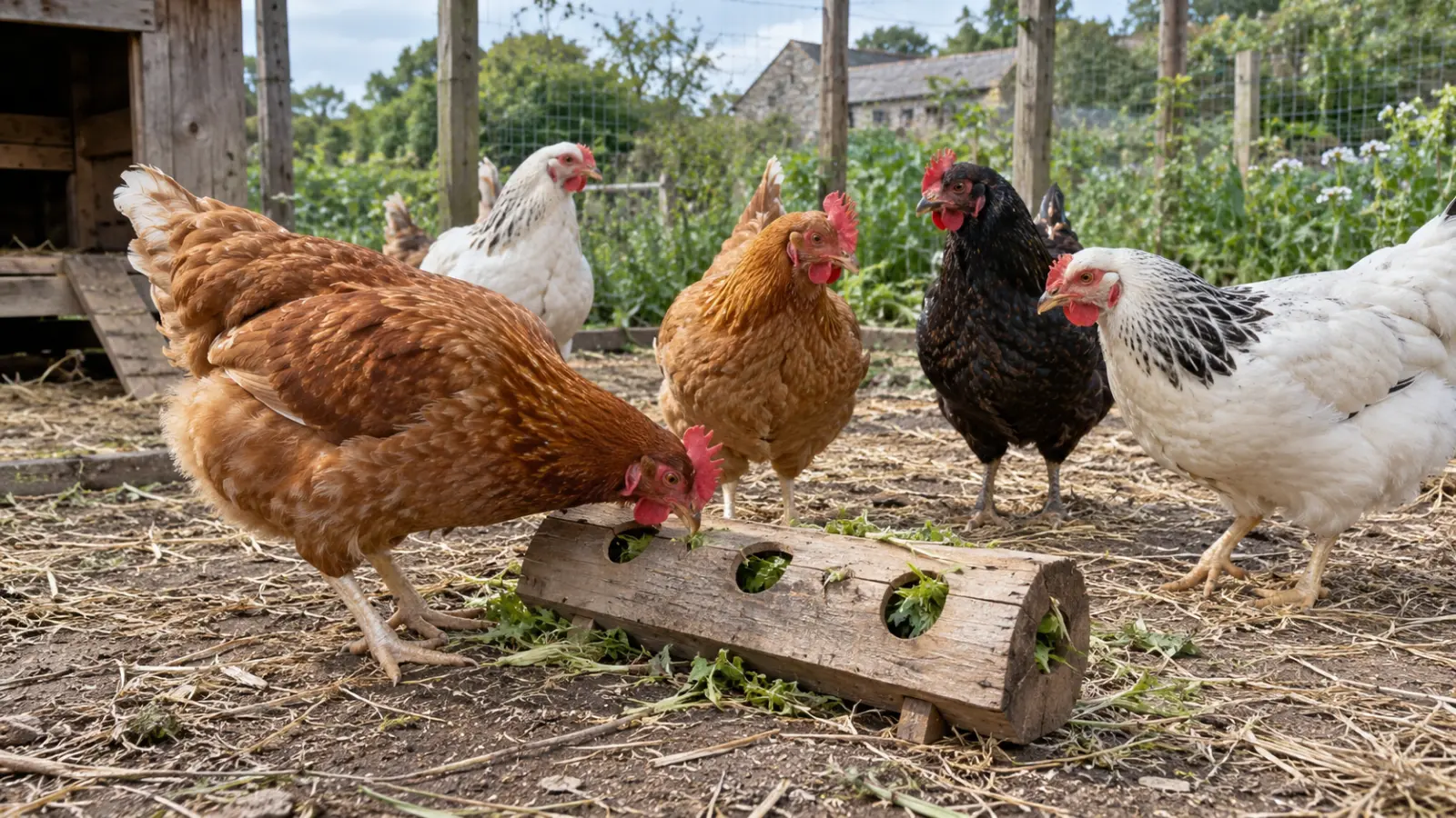 Editorial illustration of three domestic chickens exploring objects inside a fenced enclosure.