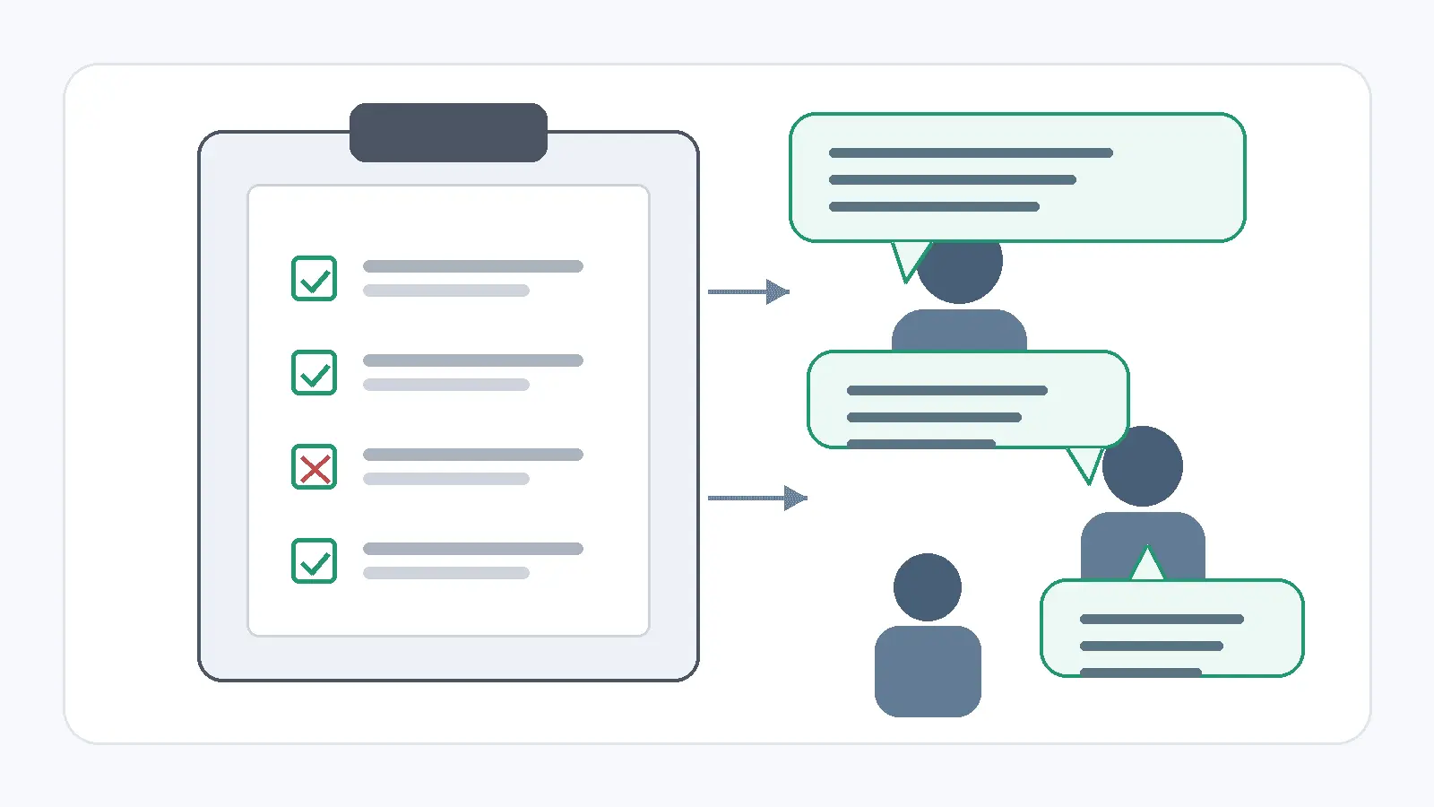 Illustrated questionnaire pages with checkboxes and speech bubbles representing communication barriers
