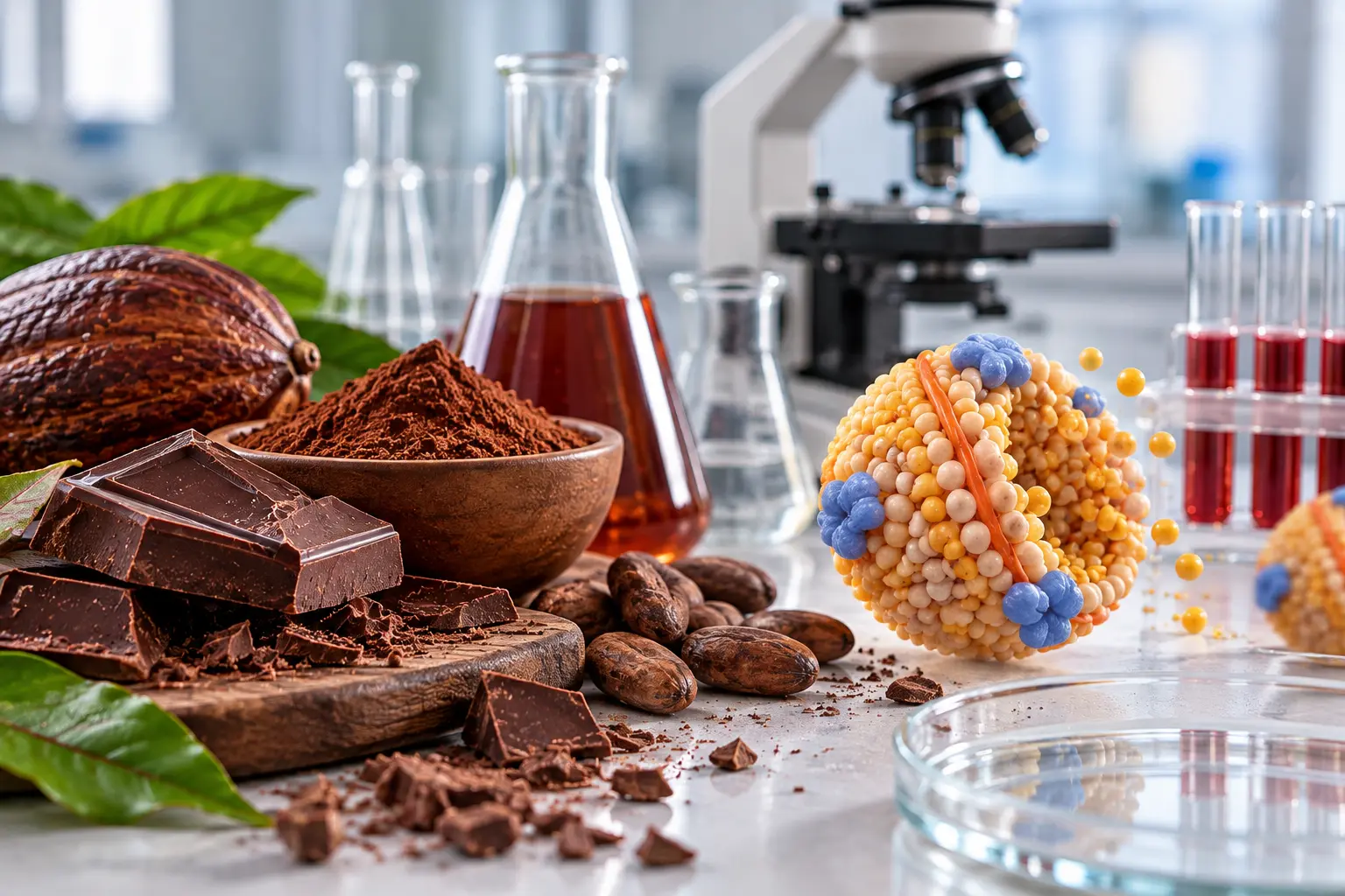 Cocoa, chocolate and laboratory glassware beside a schematic LDL particle.