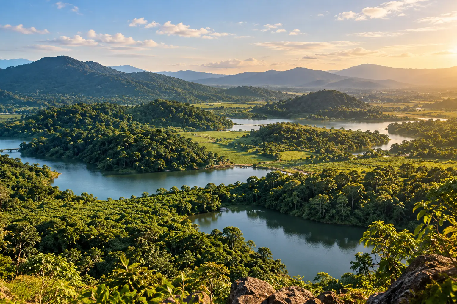 Forested habitat fragments separated by waterways and open land, with mountains in the distance.