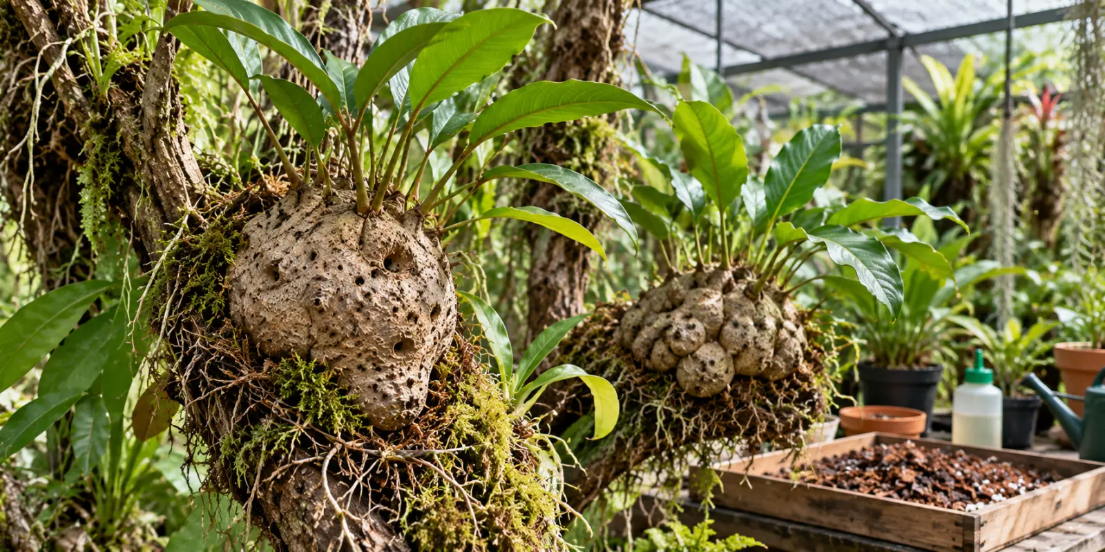 Hydnophytum and Myrmecodia ant-plants mounted on branches in a greenhouse