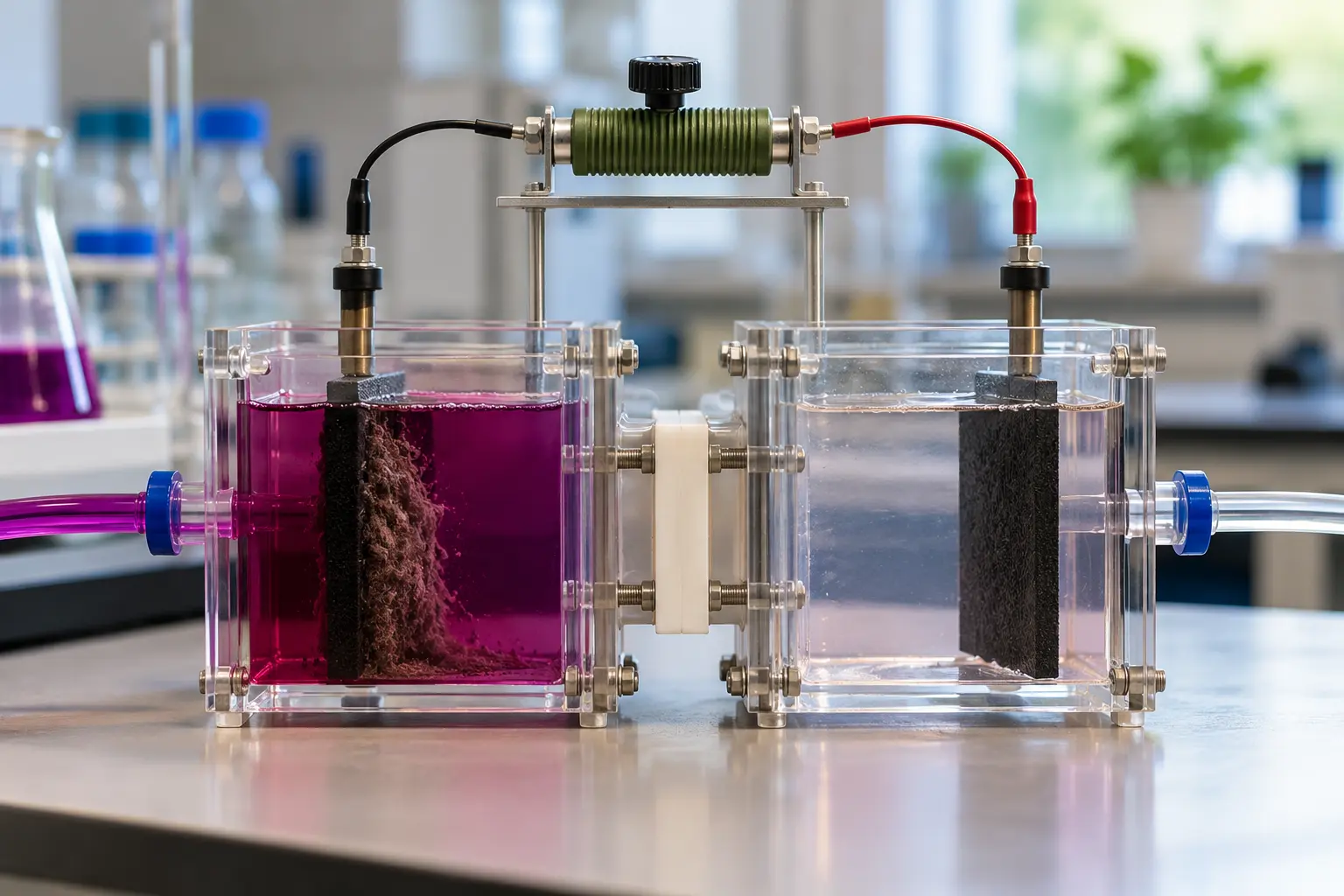 Laboratory microbial fuel cell with coloured dye solution and an external resistor above.