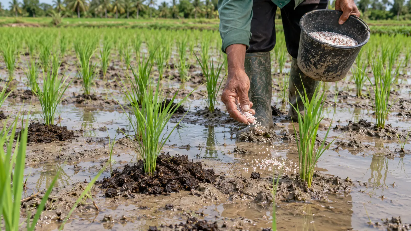 Illustration of young rice plants with organic matter and mineral nutrient inputs under SRI.