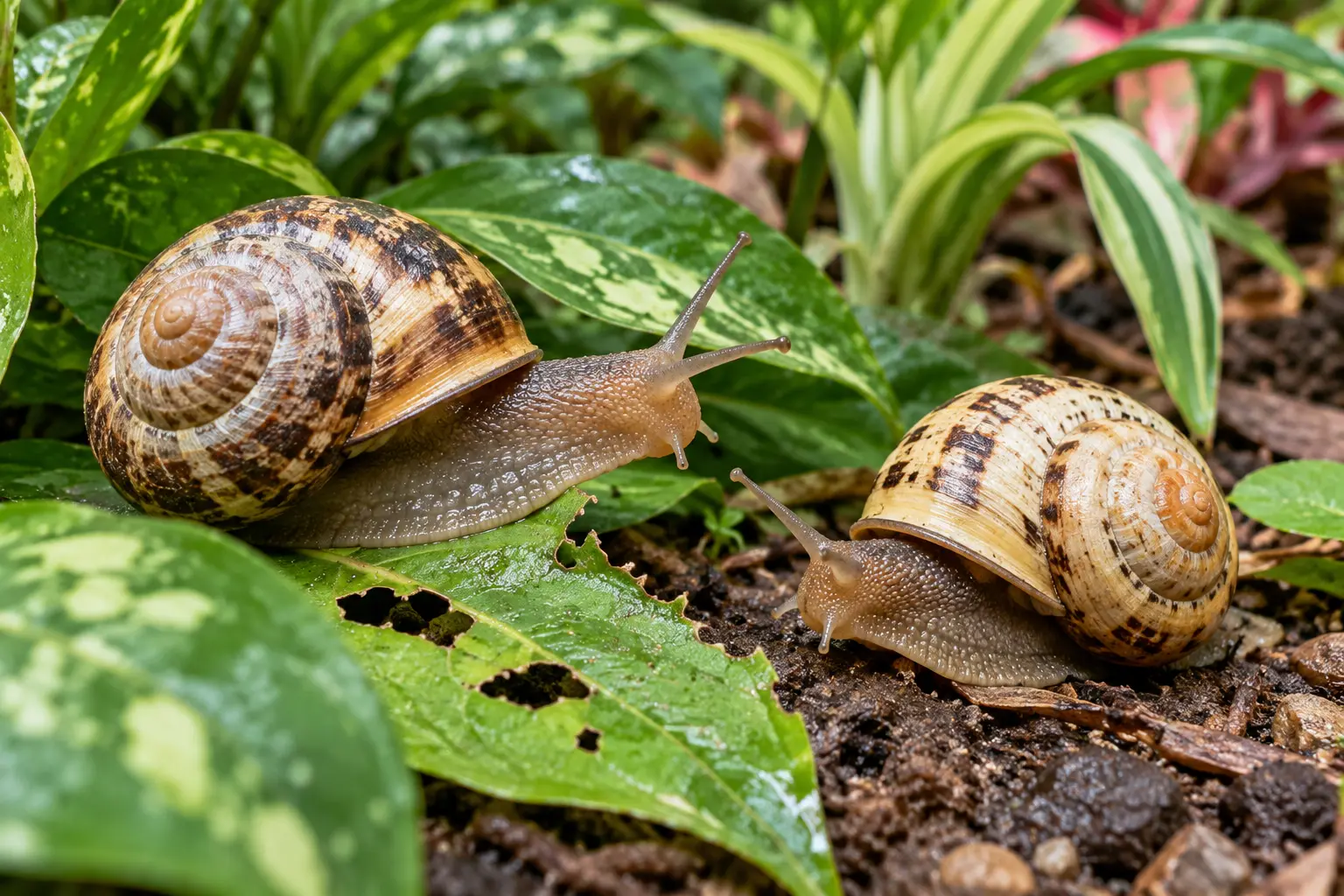 Close-up of two brown and cream land snails with spiral shells on moist soil and green foliage, with visible holes in nearby leaves.