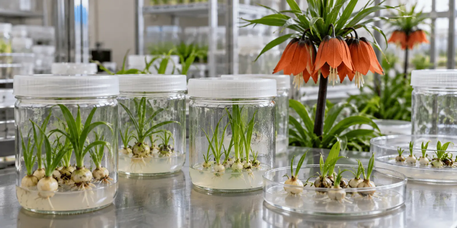 Fritillaria plantlets and small bulbs growing in sterile culture jars and dishes