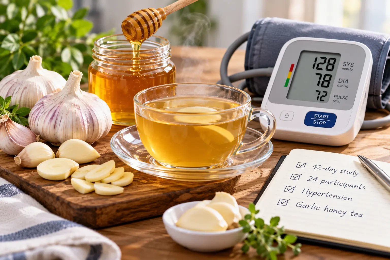 Editorial illustration of garlic, honey and tea beside a digital blood pressure monitor.