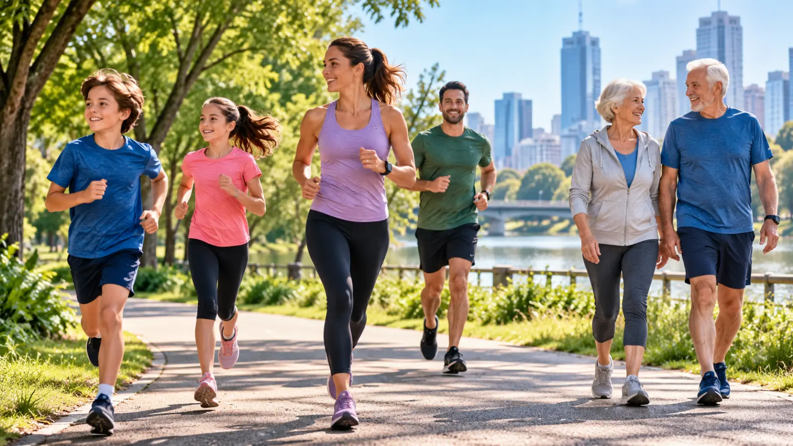 Two children, a woman and a man jogging along a sunny riverside park path beside an older couple walking together, with trees, a bridge and city buildings in the background.