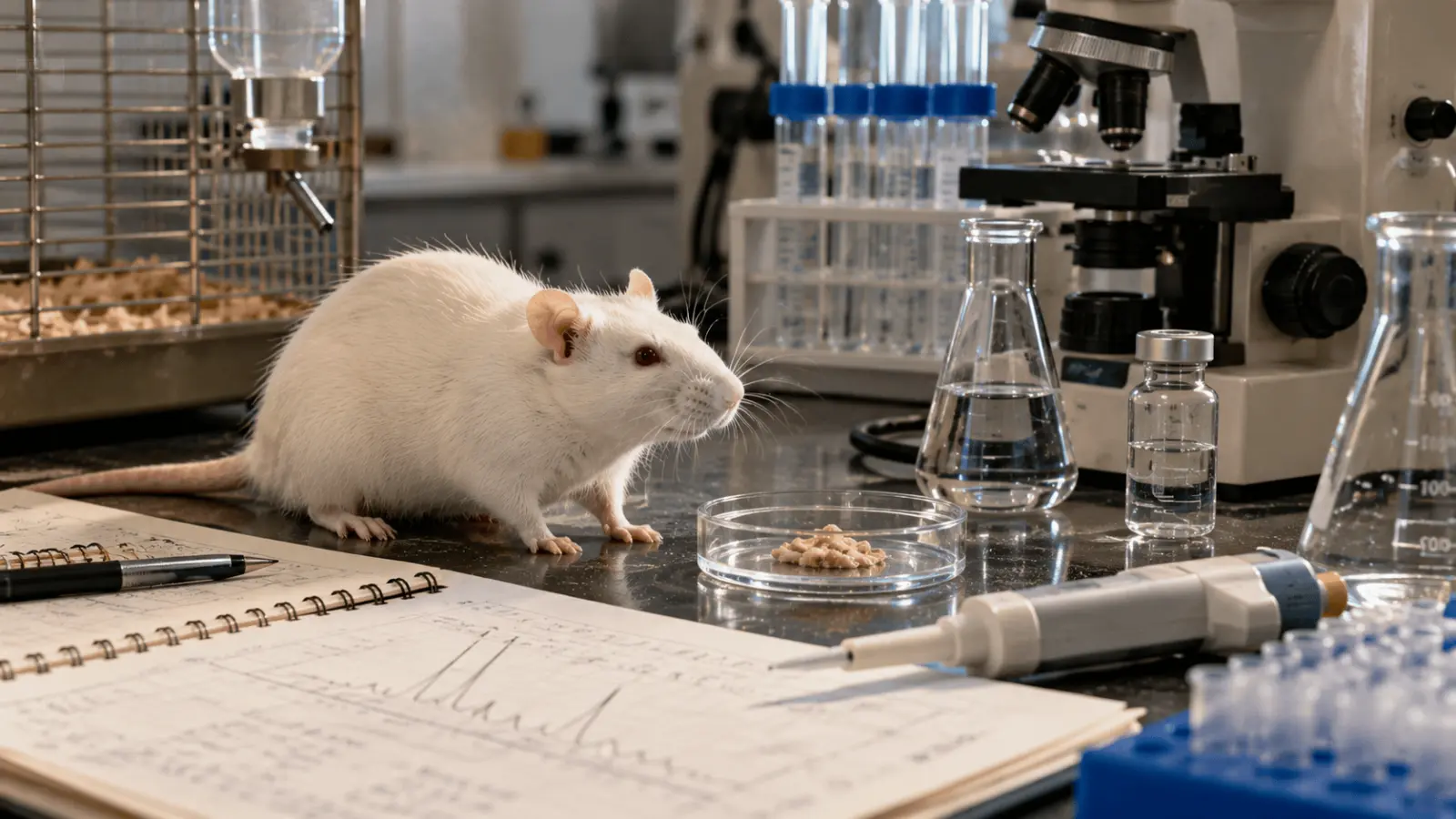 White laboratory rat on a research bench beside a microscope, test tubes, glassware and laboratory notes.