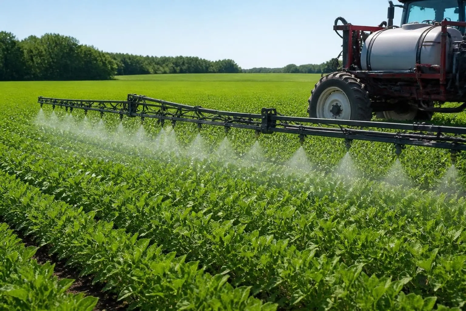 Tractor with an extended spray boom applying a fine mist over rows of green soybean plants under a clear sky