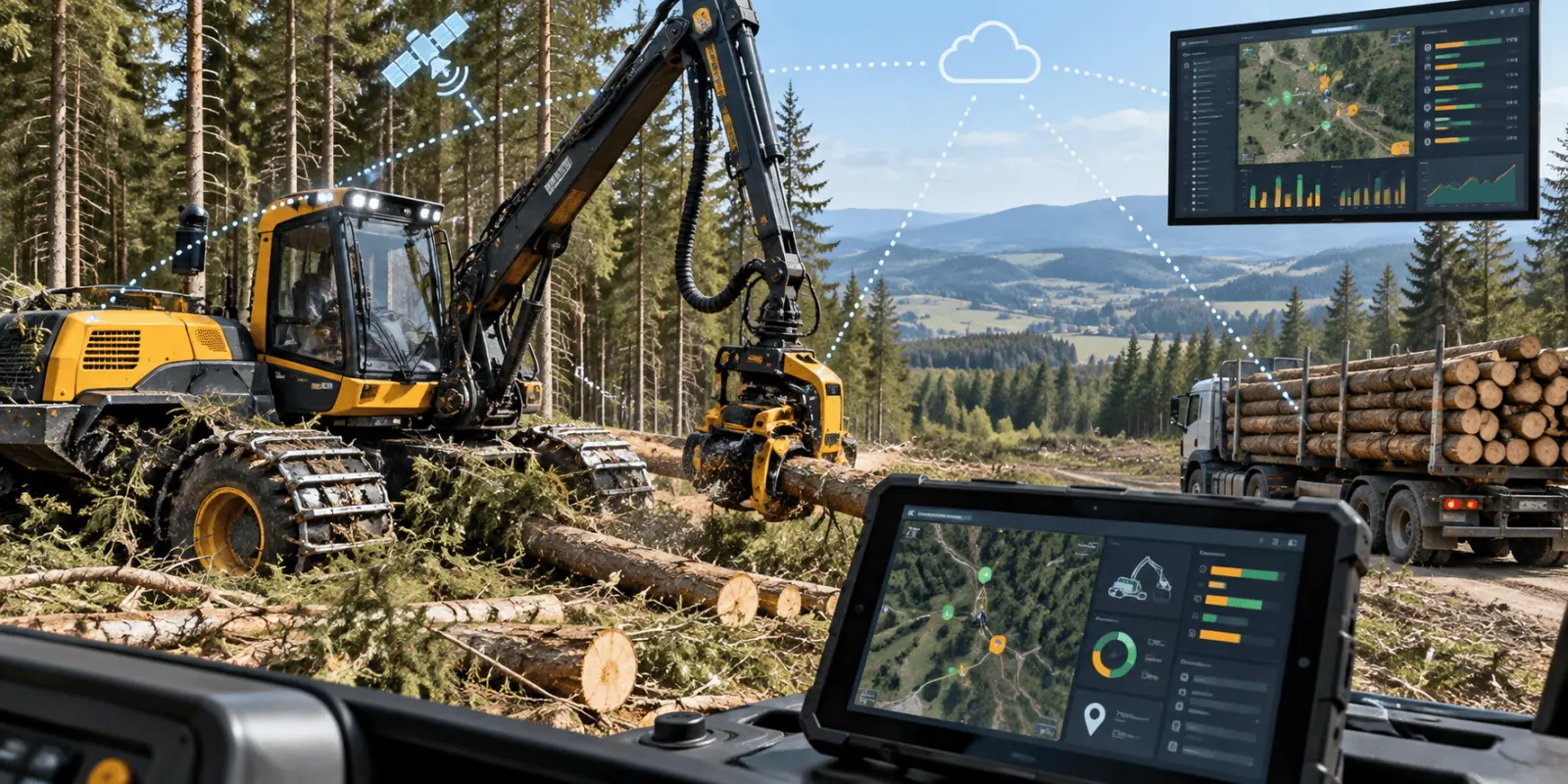 Harvester and log truck linked to maps and live forestry monitoring dashboards