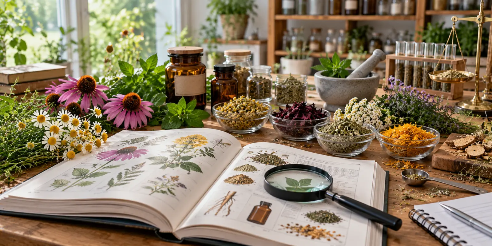 Botanical reference book with dried herbs, amber jars and laboratory tools