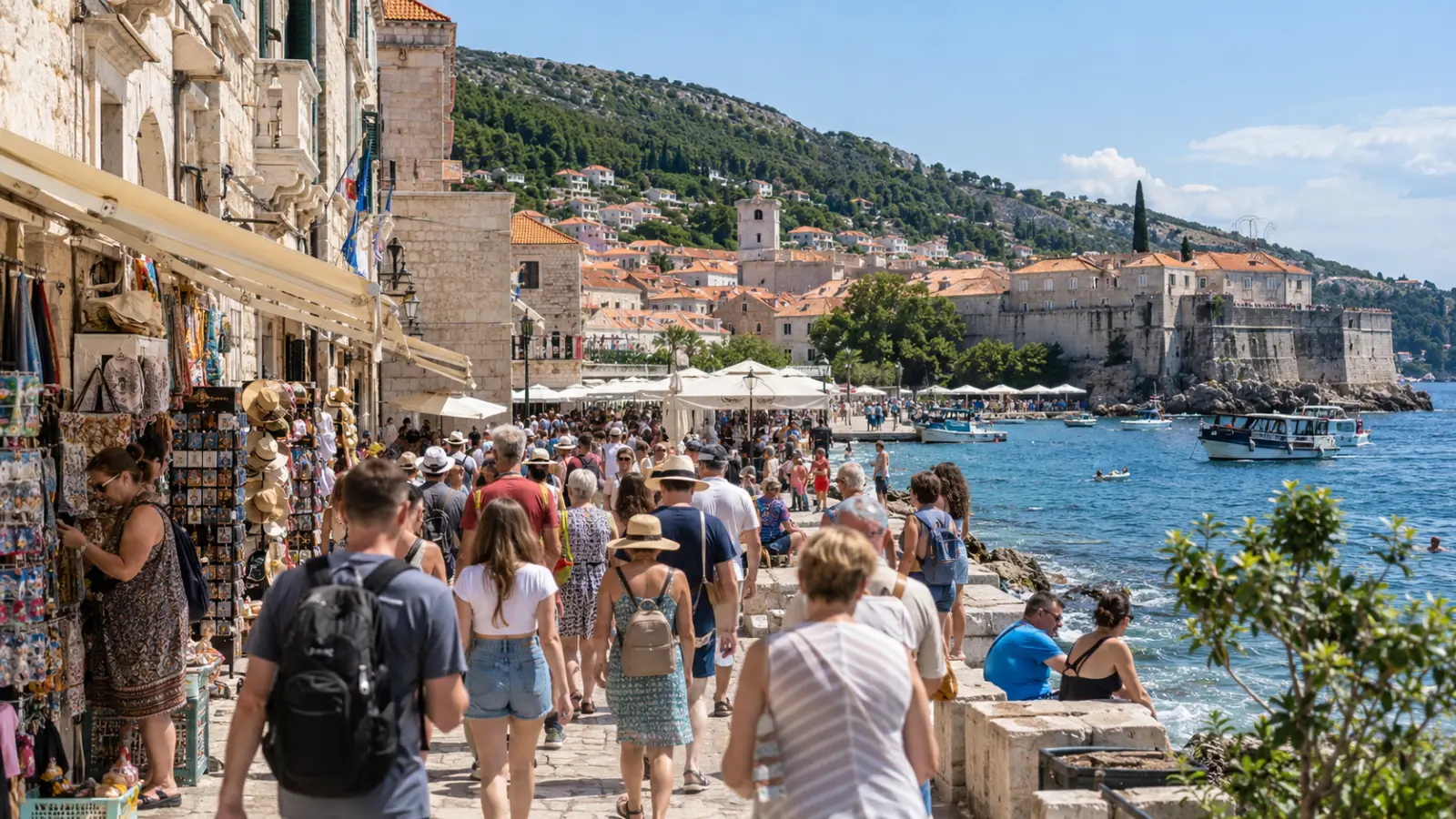 Crowded tropical beach with tourists and boats beneath steep limestone cliffs.