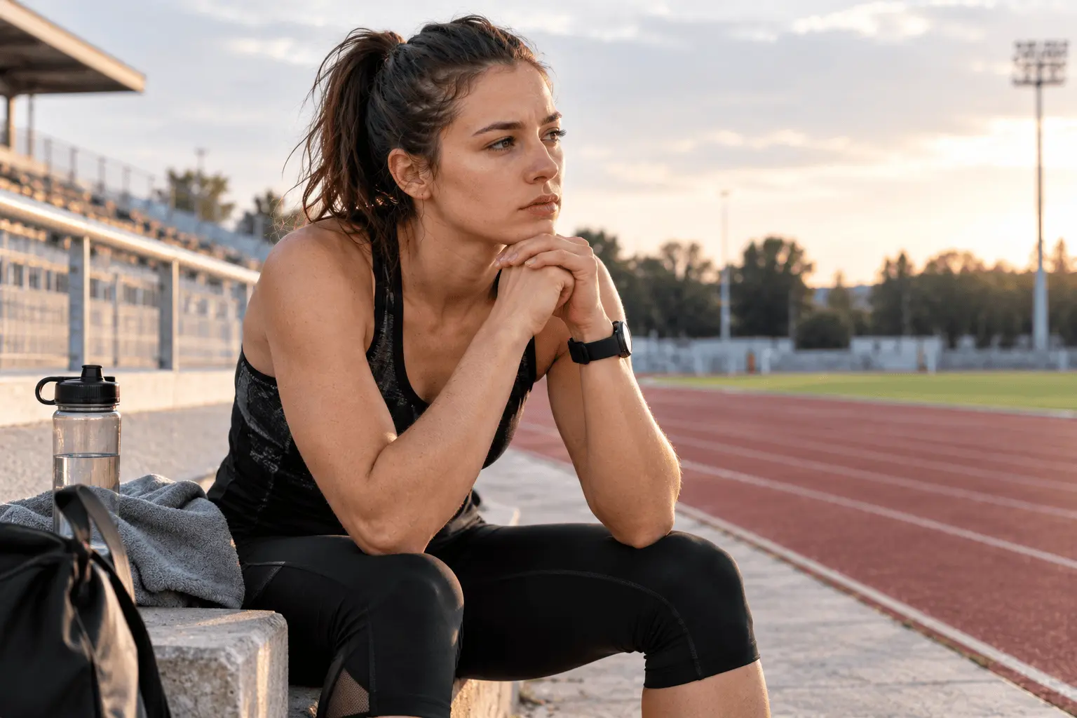 Stylized athlete beside a track with speech bubbles representing contrasting pre-competition self-talk.
