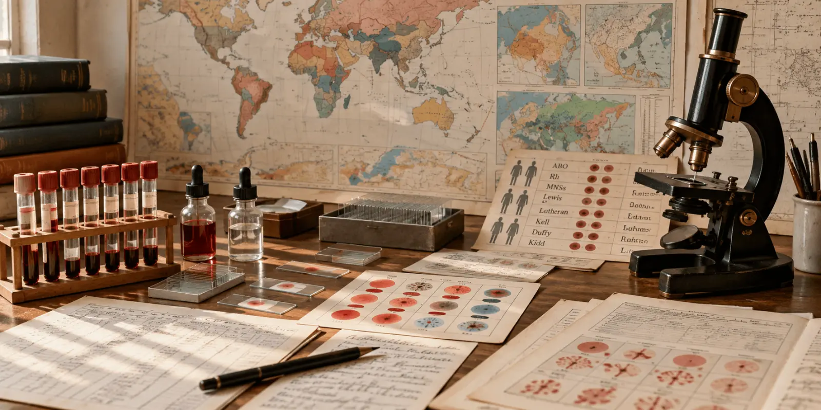 Vintage blood-group laboratory desk with world maps, samples, charts and microscope.
