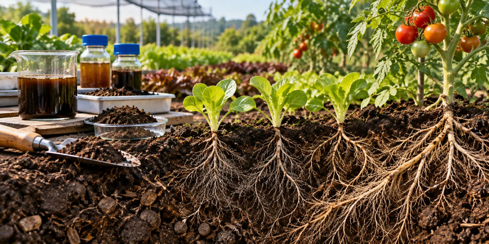 Humic extracts beside exposed crop roots, soil samples and greenhouse vegetables