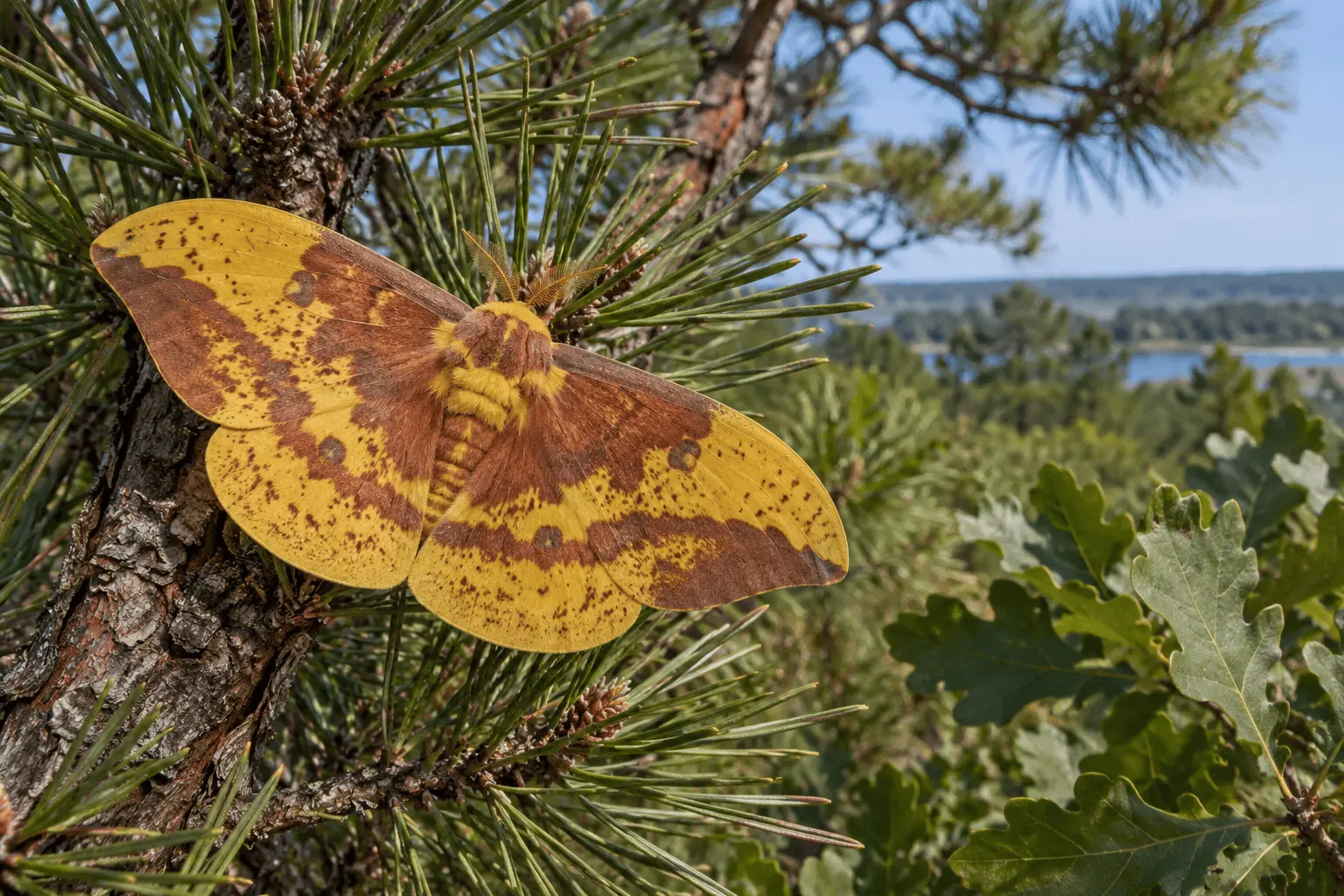 Imperial moth with yellow-brown wings resting on pitch pine beside oak foliage.