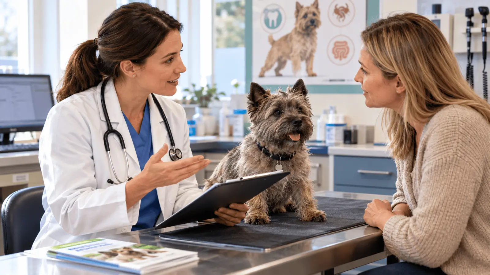 Veterinarian in a white coat holding a clipboard and speaking with a dog owner beside a Cairn Terrier on an examination table, with veterinary equipment and pet health posters in the background.