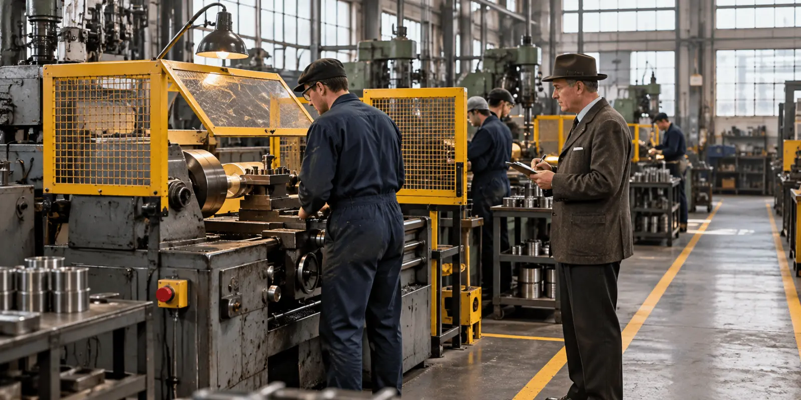 Factory worker operating guarded machinery while a supervisor records observations