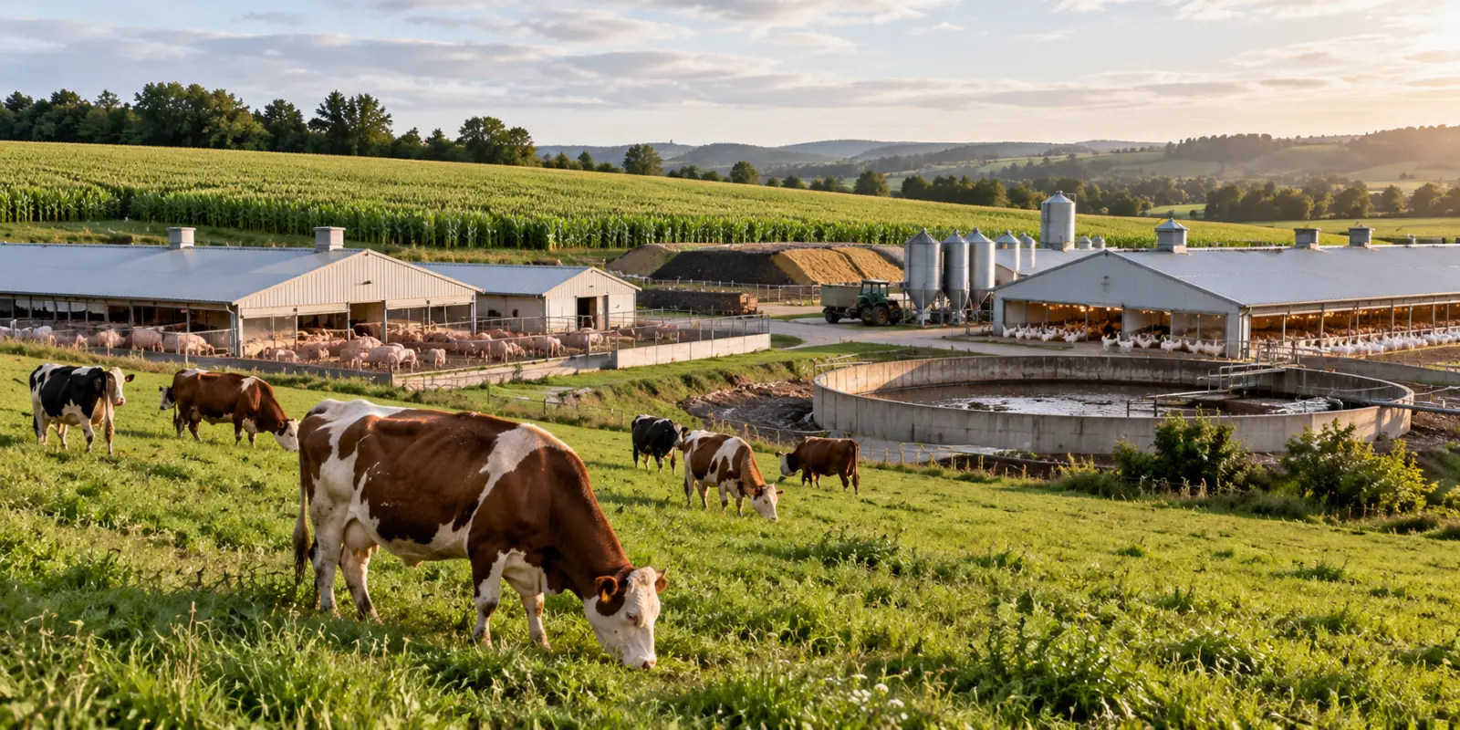Cattle grazing beside pig and poultry barns, feed silos and manure storage