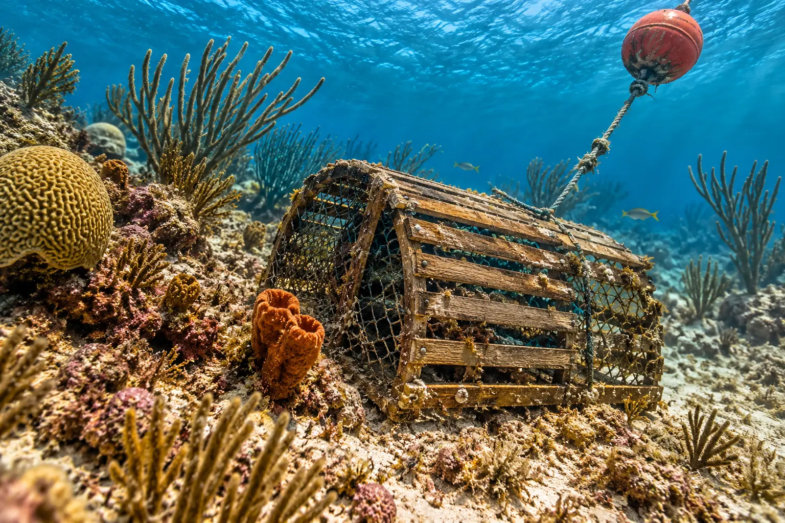 Underwater view of a wooden lobster trap on a rocky reef seabed surrounded by corals, orange sponges and sea fans, with a rope leading to a red buoy above.