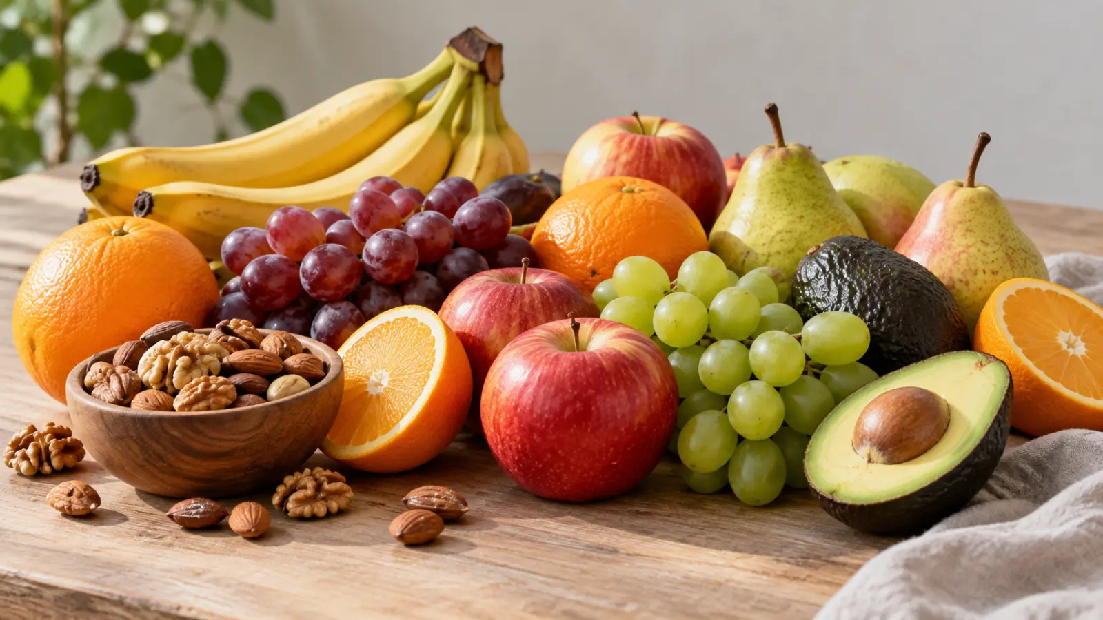 Assorted fruit, avocado and mixed nuts arranged on a wooden table in daylight.