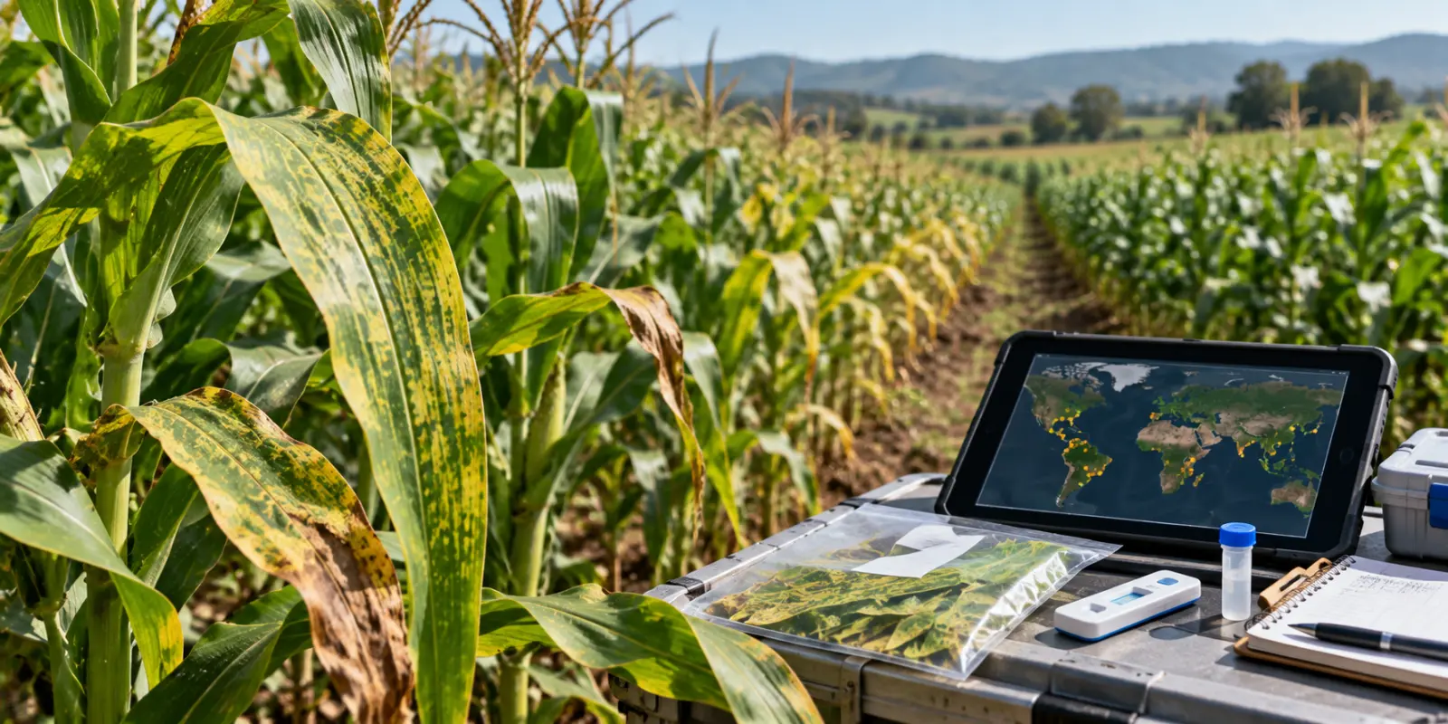 Chlorotic maize leaves beside field samples, diagnostic tools and a world map