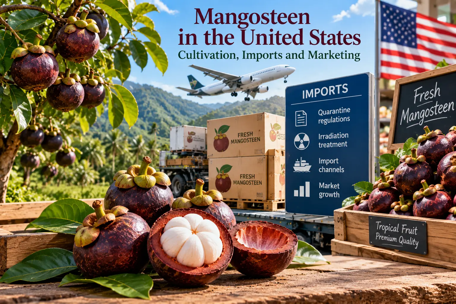 Illustration of purple mangosteen fruits beside a tropical mangosteen tree, shipping boxes and a United States market display.