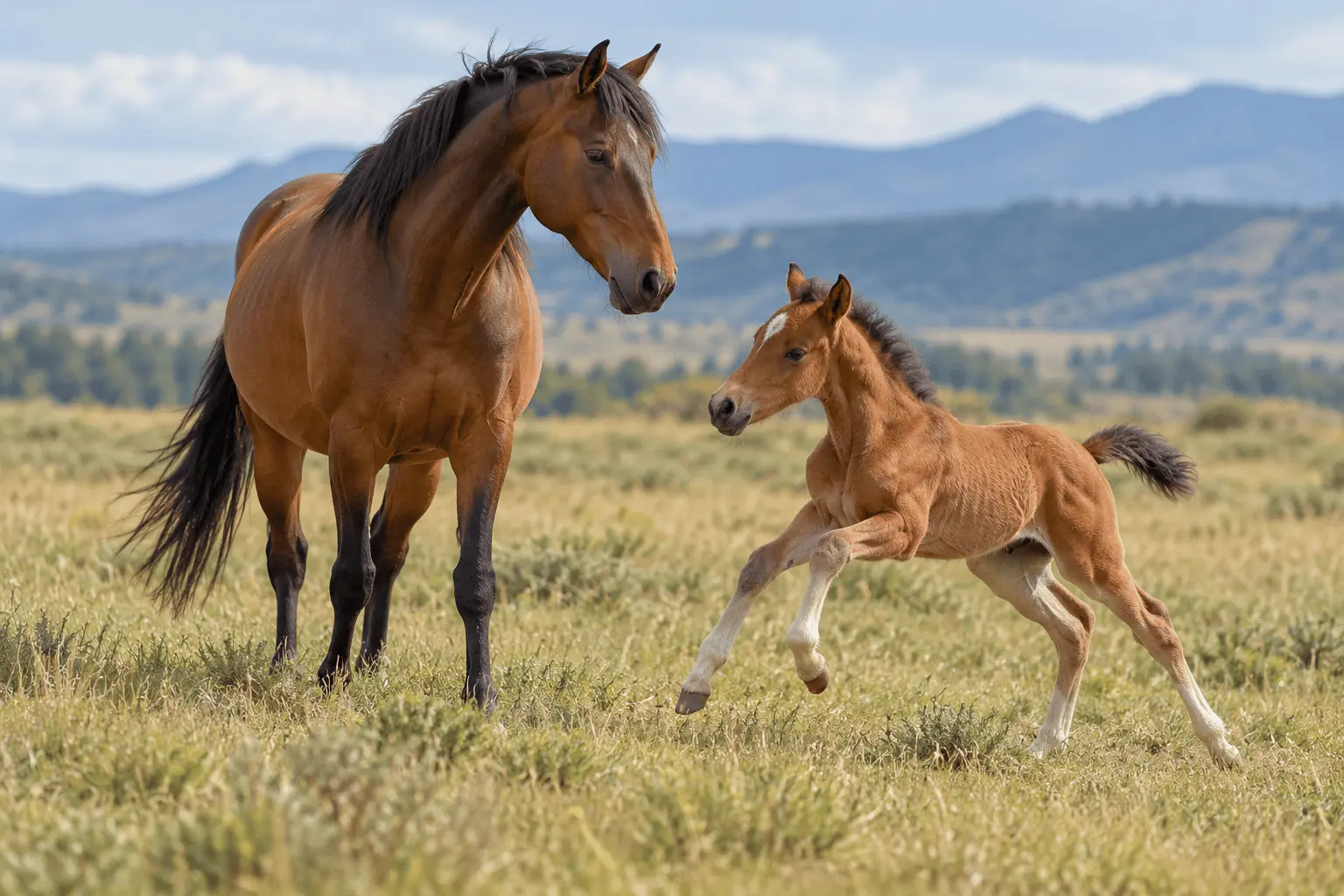 Mare standing beside a young foal running through open grassland.