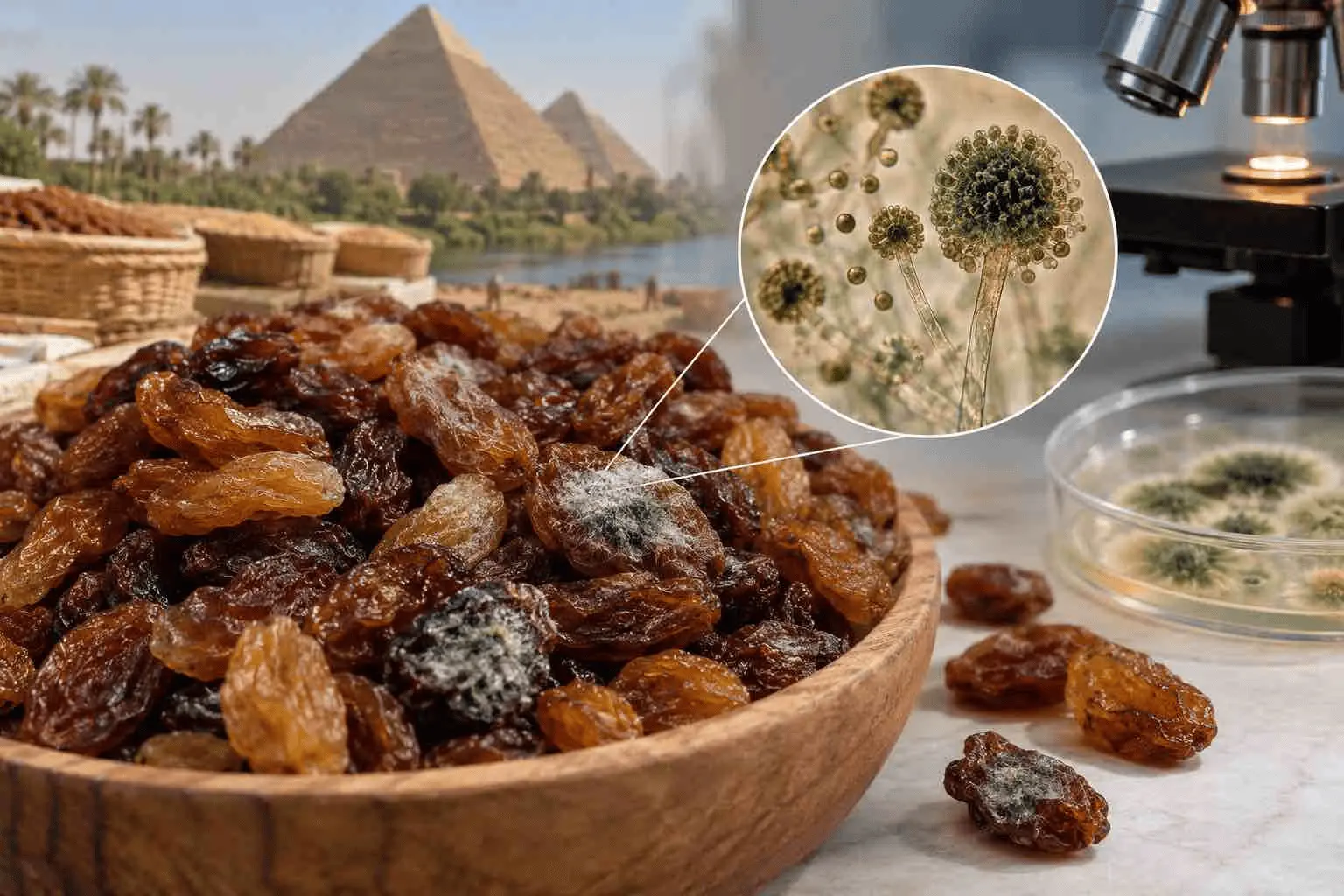 Illustration of dried raisins beside laboratory culture plates representing fungal testing and mycotoxin analysis.