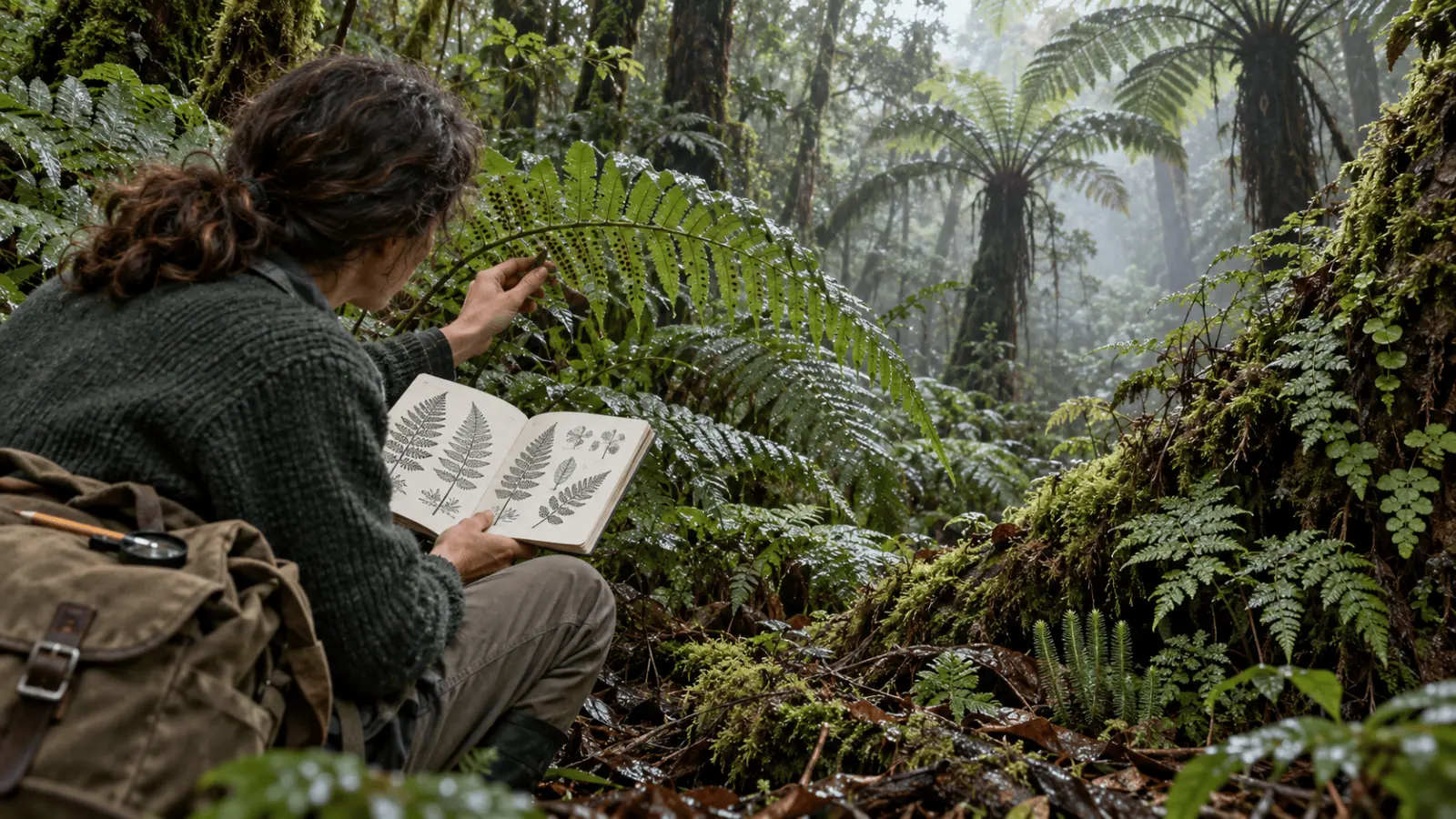 Person examining a fern frond beside an open field guide in a dense forest