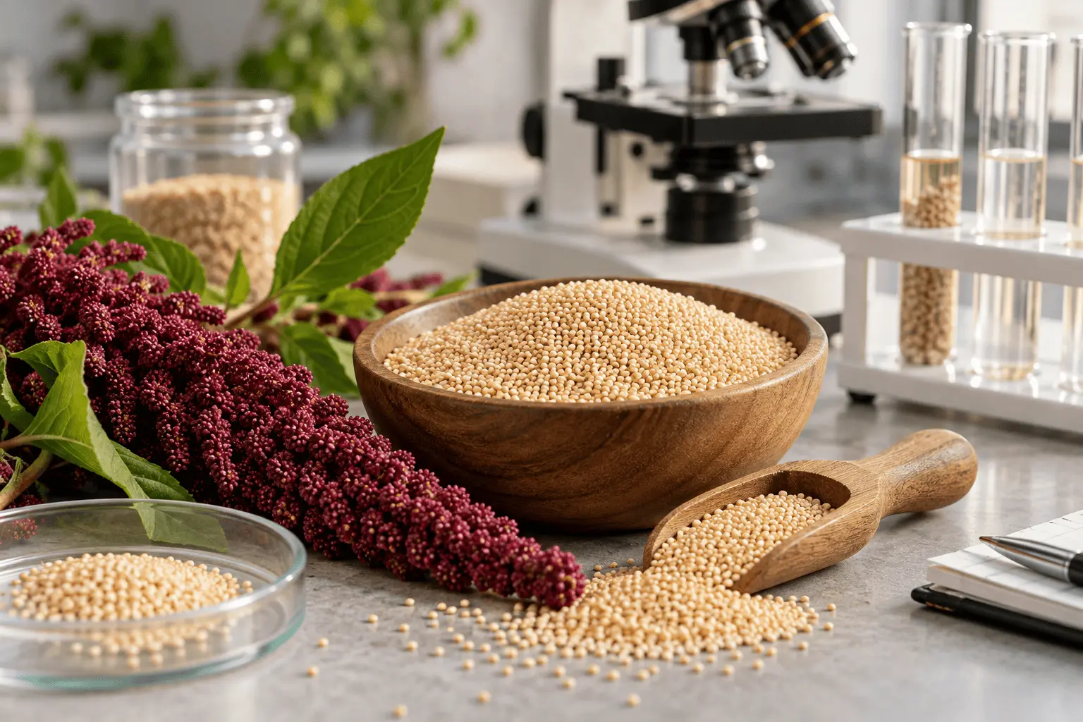 Amaranth grain beside laboratory materials representing analysis of protein quality.