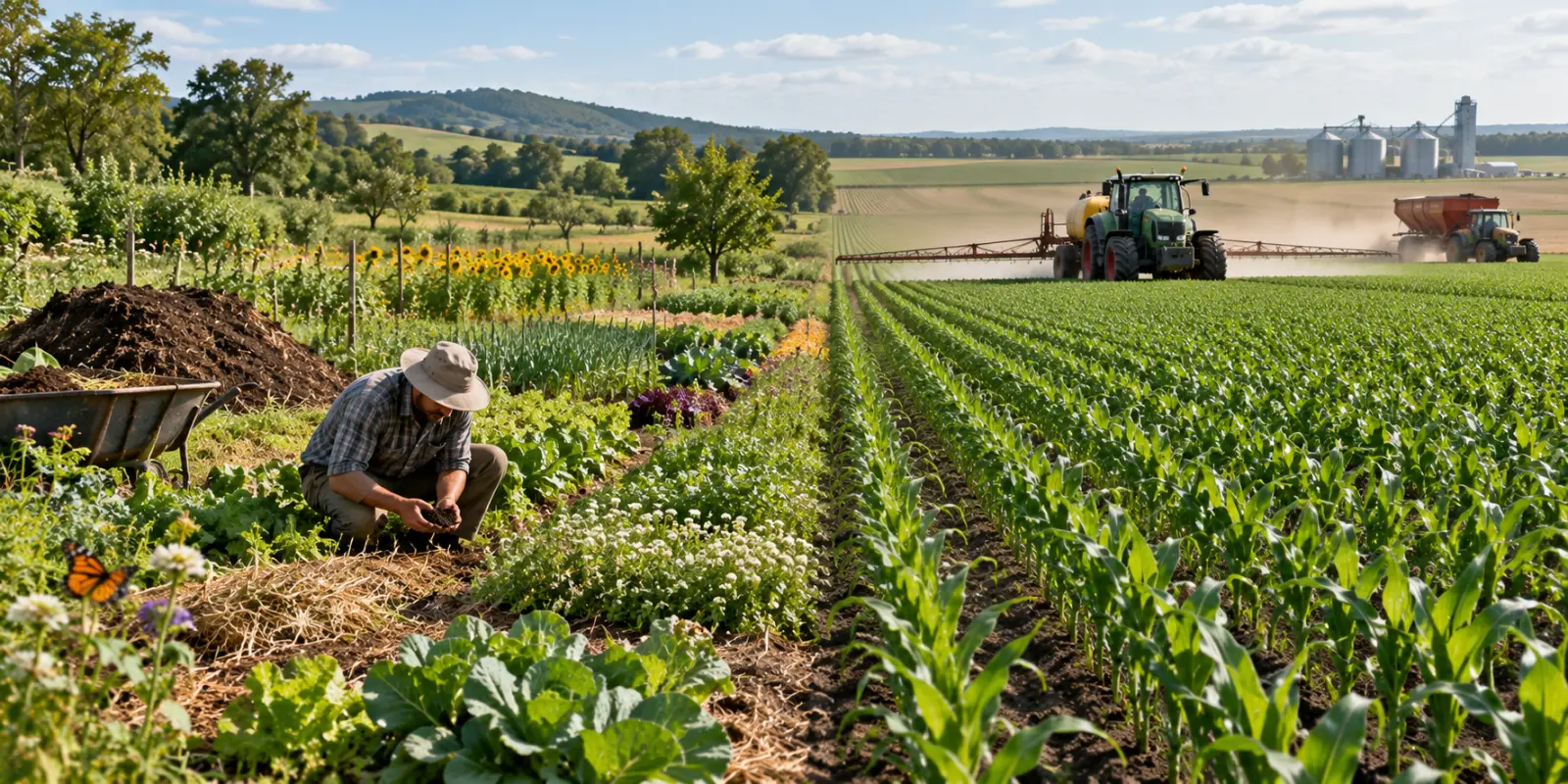 Organic crop plots beside a conventional maize field with tractors and sprayer
