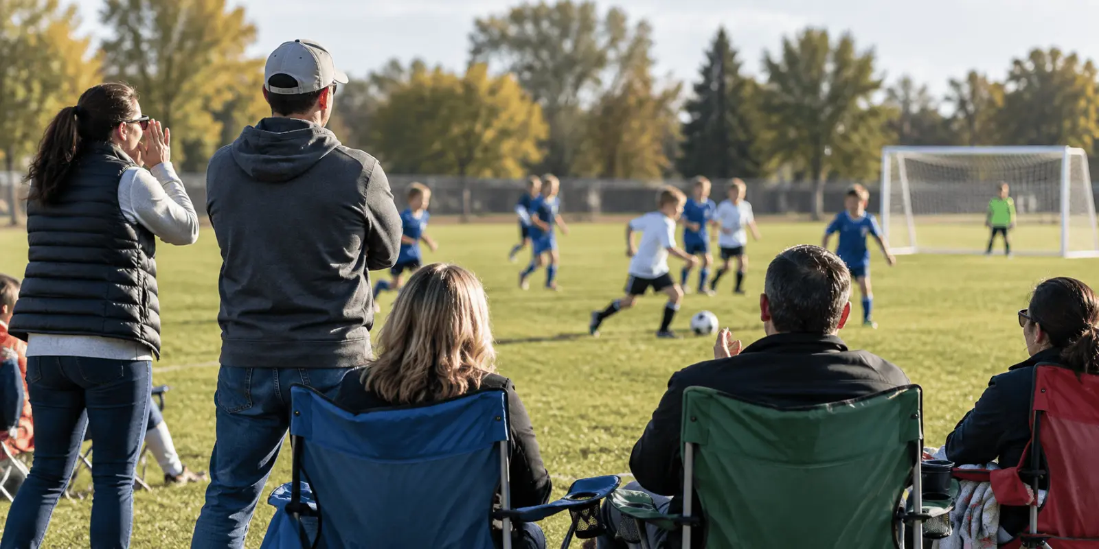 Children playing youth soccer while adults and other spectators watch from the sideline