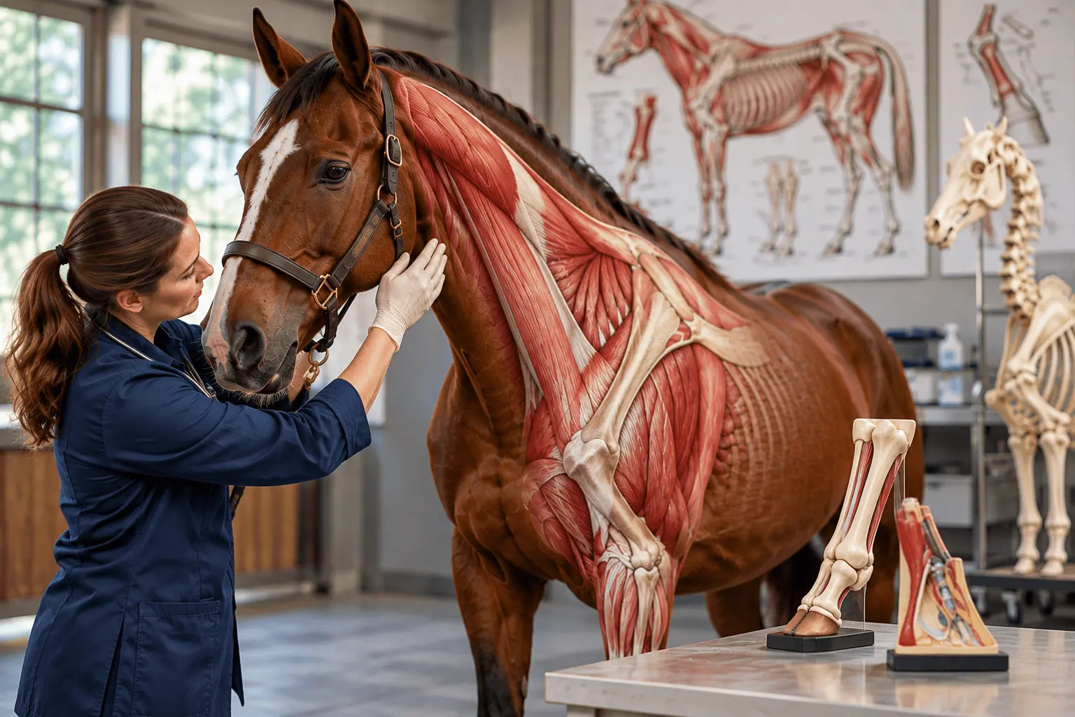 Female veterinarian examining a chestnut horse with an anatomical overlay showing neck and shoulder muscles, bones and tendons. Equine skeletal models and anatomical charts are visible in the veterinary teaching room.