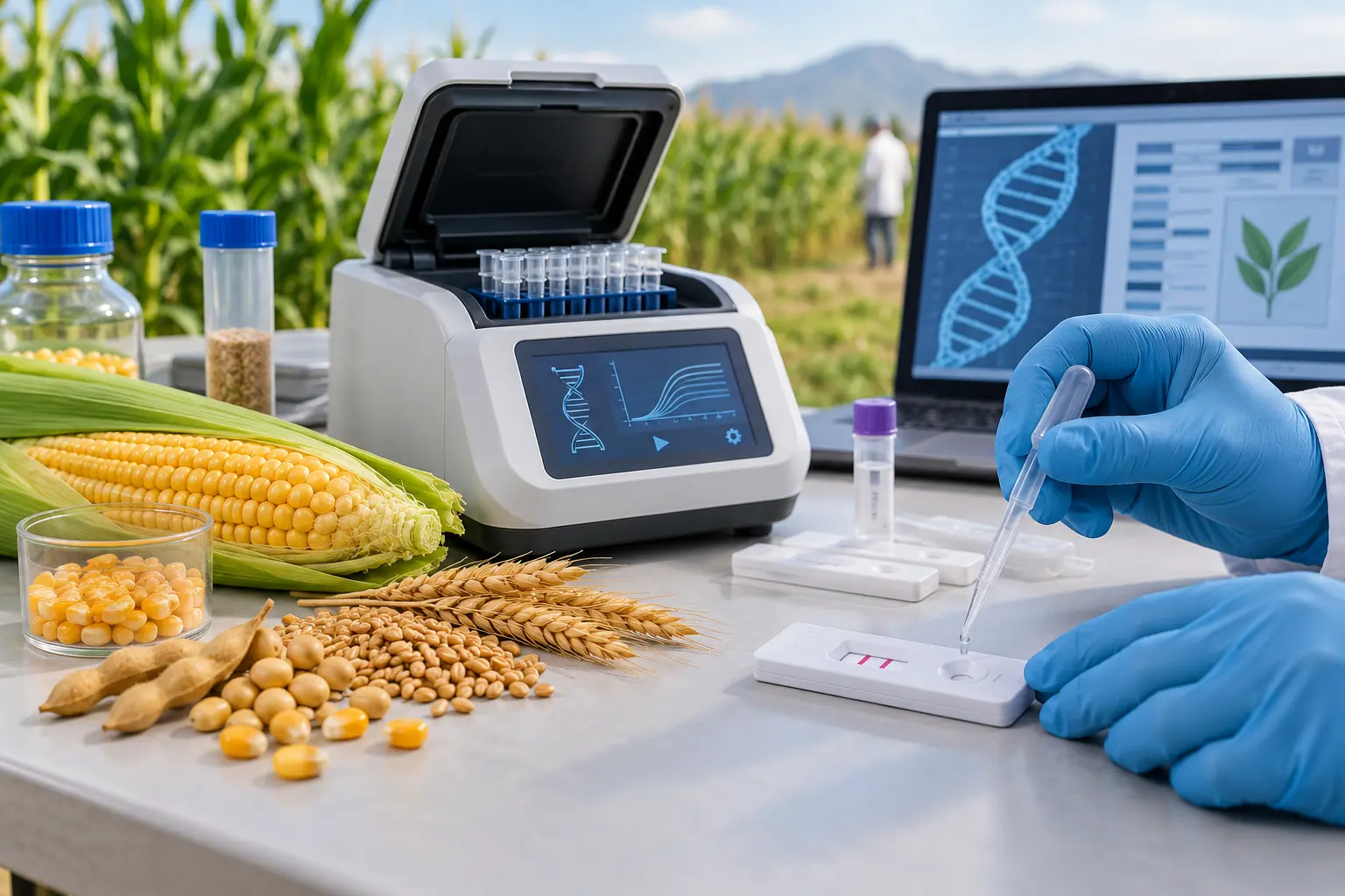 Food testing scene with crop samples, portable DNA amplification and GMO screening strips.
