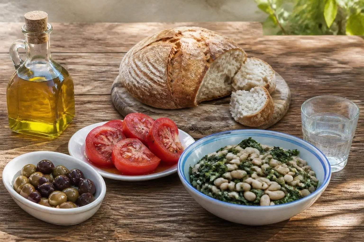 Olive oil bottle, bread, tomatoes, olives, a bowl of beans and leafy greens with a glass of water on a rustic wooden table in daylight