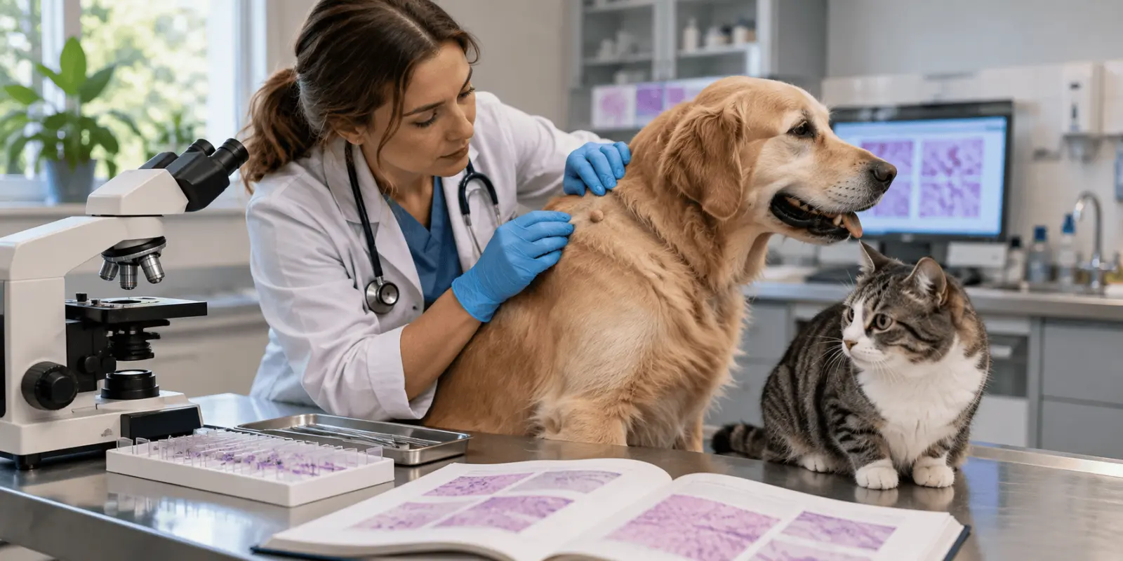 Veterinarian examines a dog's skin mass beside a cat, microscope and tissue slides