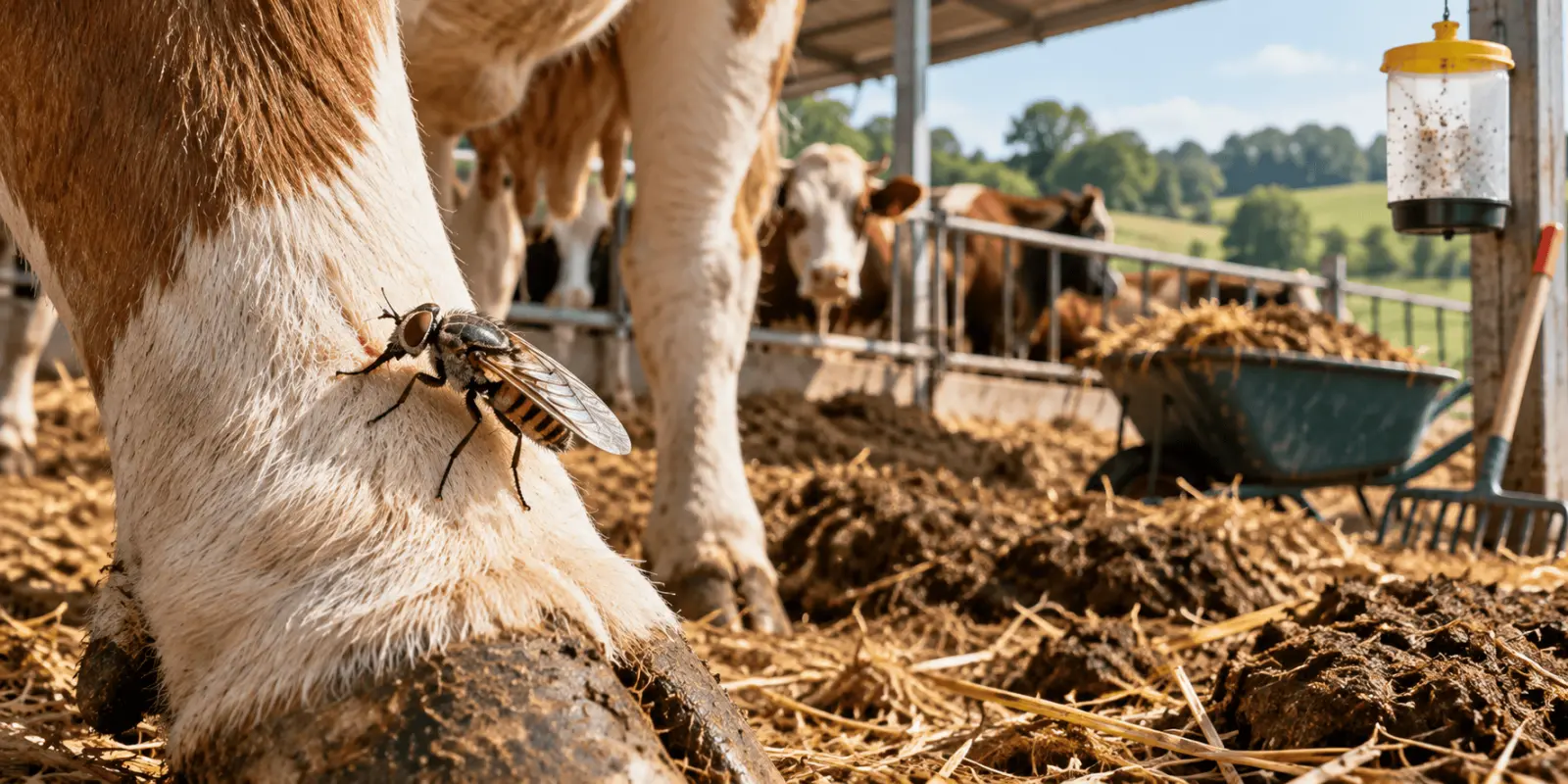 Stable fly on a cow leg beside cattle, manure, straw and a fly trap